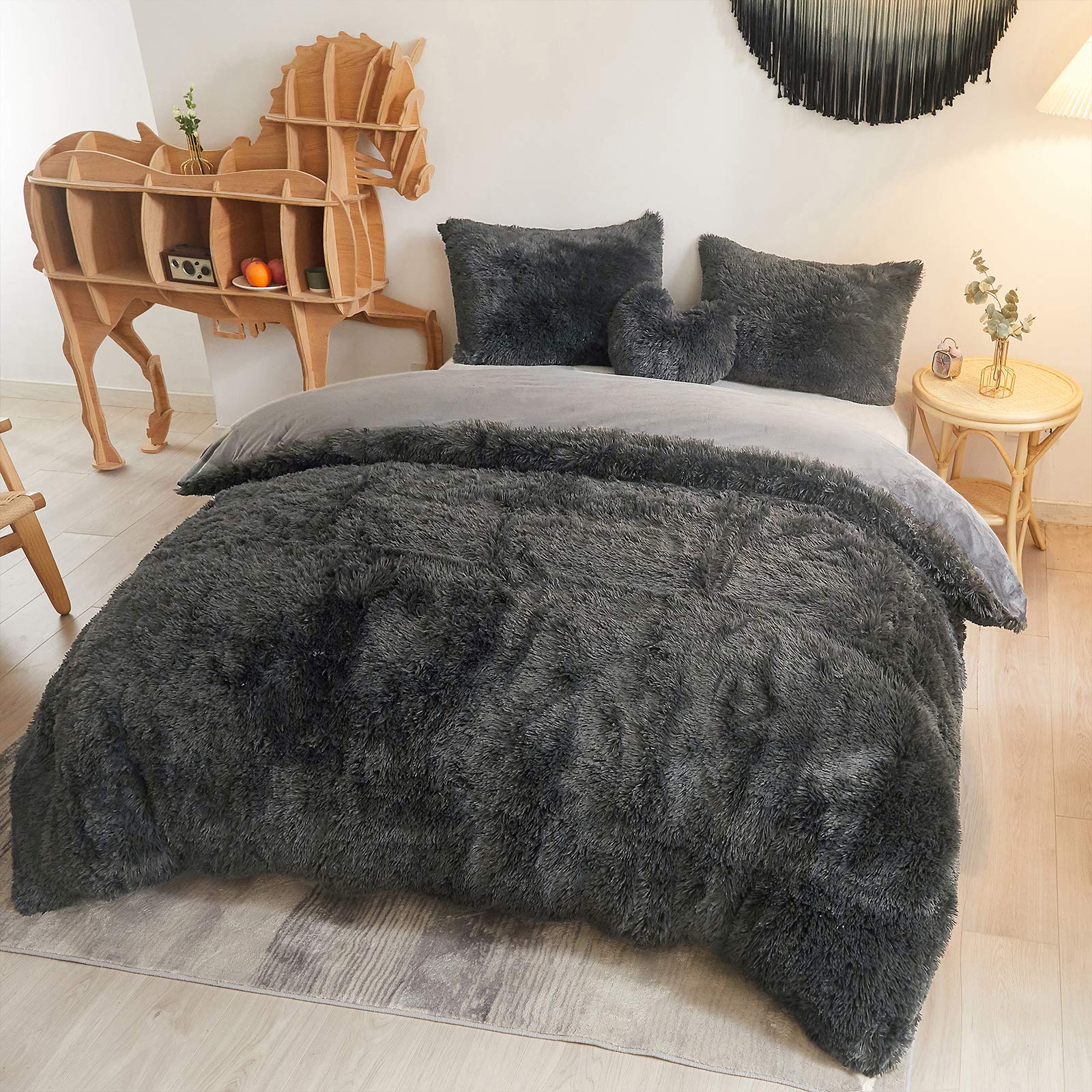 Luxury Shaggy Plush Duvet Cover Set - Soft 3-Piece Fluffy Faux Fur Comforter Cover Queen Size, Fuzzy Velvet Bedding with Zipper Closure (1 Duvet Cover + 2 Pillowcases) for Cozy Winter Nights - Dark Grey