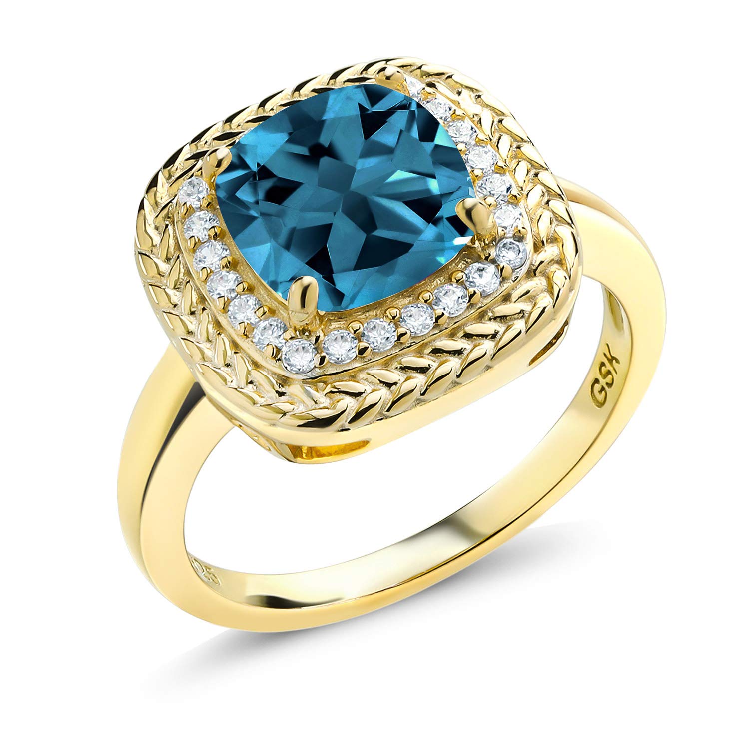 2.80 Ct Cushion Cut London Blue Topaz Ring - 18K Yellow Gold Plated Sterling Silver - Elegant Gemstone Jewelry for Women - Perfect for Engagement, Anniversary & Special Occasions