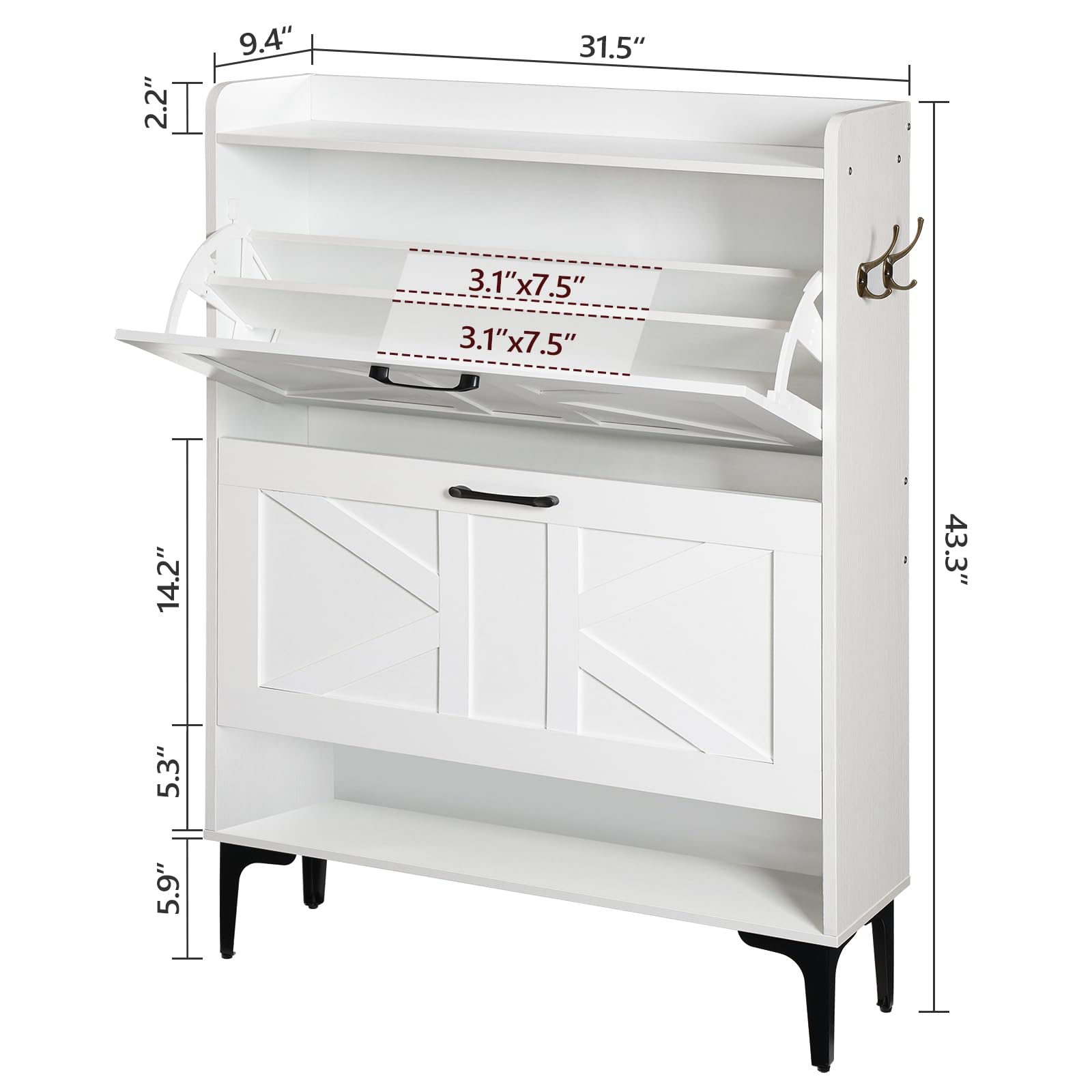 White Shoe Storage Cabinet with 2 Flip Drawers - Hidden & Open Entryway Organizer for Shoes, Boots & Accessories | Freestanding Closet Storage Solution for Hallway, Mudroom or Bedroom (Model SHWT9401)