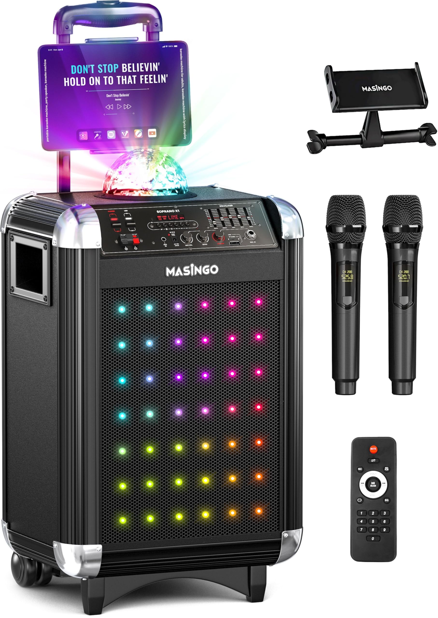 MASINGO Karaoke Machine with 2 Wireless Microphones - Portable Bluetooth PA Speaker System for Adults & Kids, Features Disco Ball Lights, Lyrics Display, Tablet Holder & TV Cable (Soprano X1 2.0) - Perfect for Home Parties, Birthday Celebrations and Family Gatherings