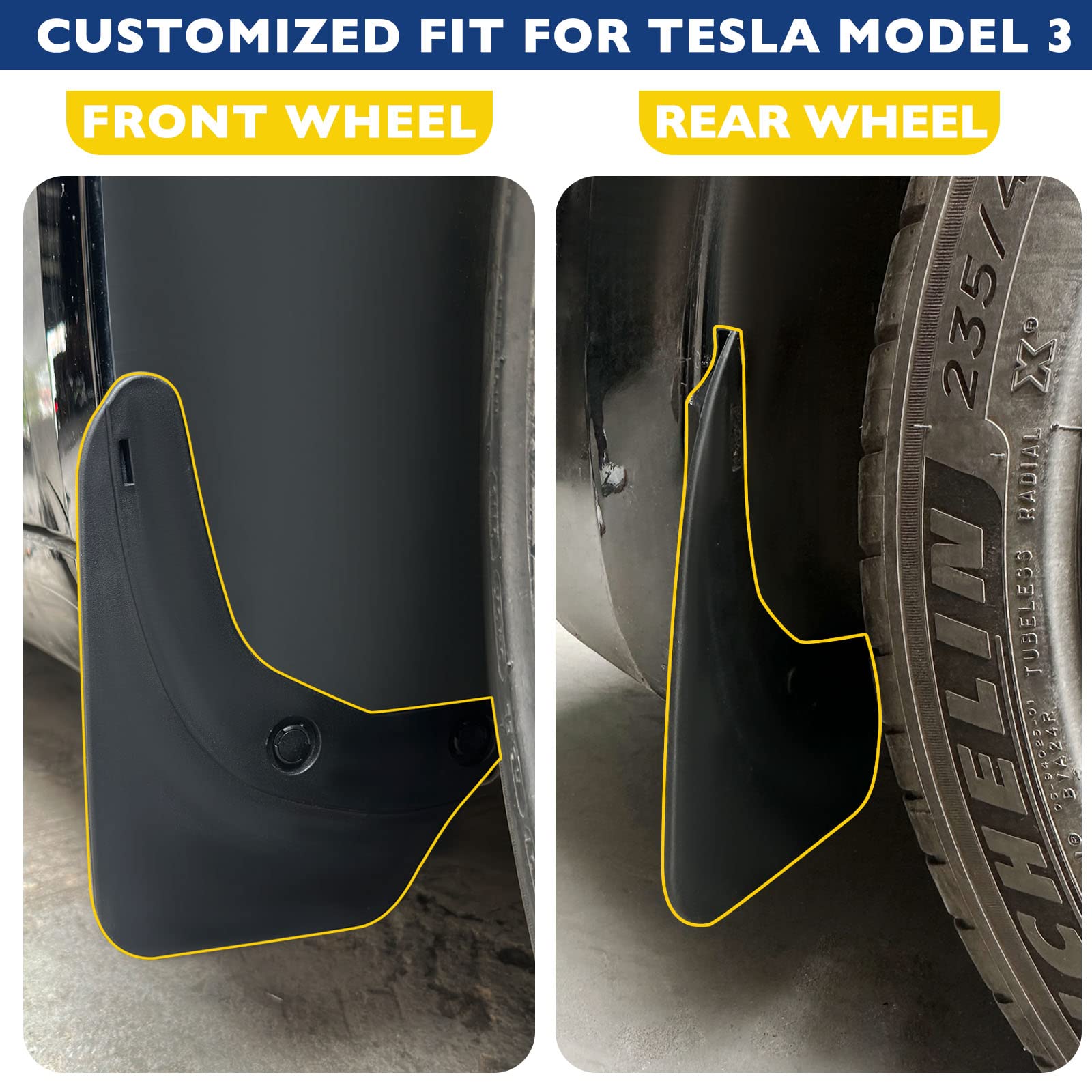 Upgraded Flexible Mud Flaps for Tesla Model 3 (2020-2023) - No Drilling/Tape Installation Splash Guards Set of 4 - Durable Fender Accessories for All-Weather Protection & Off-Road Driving
