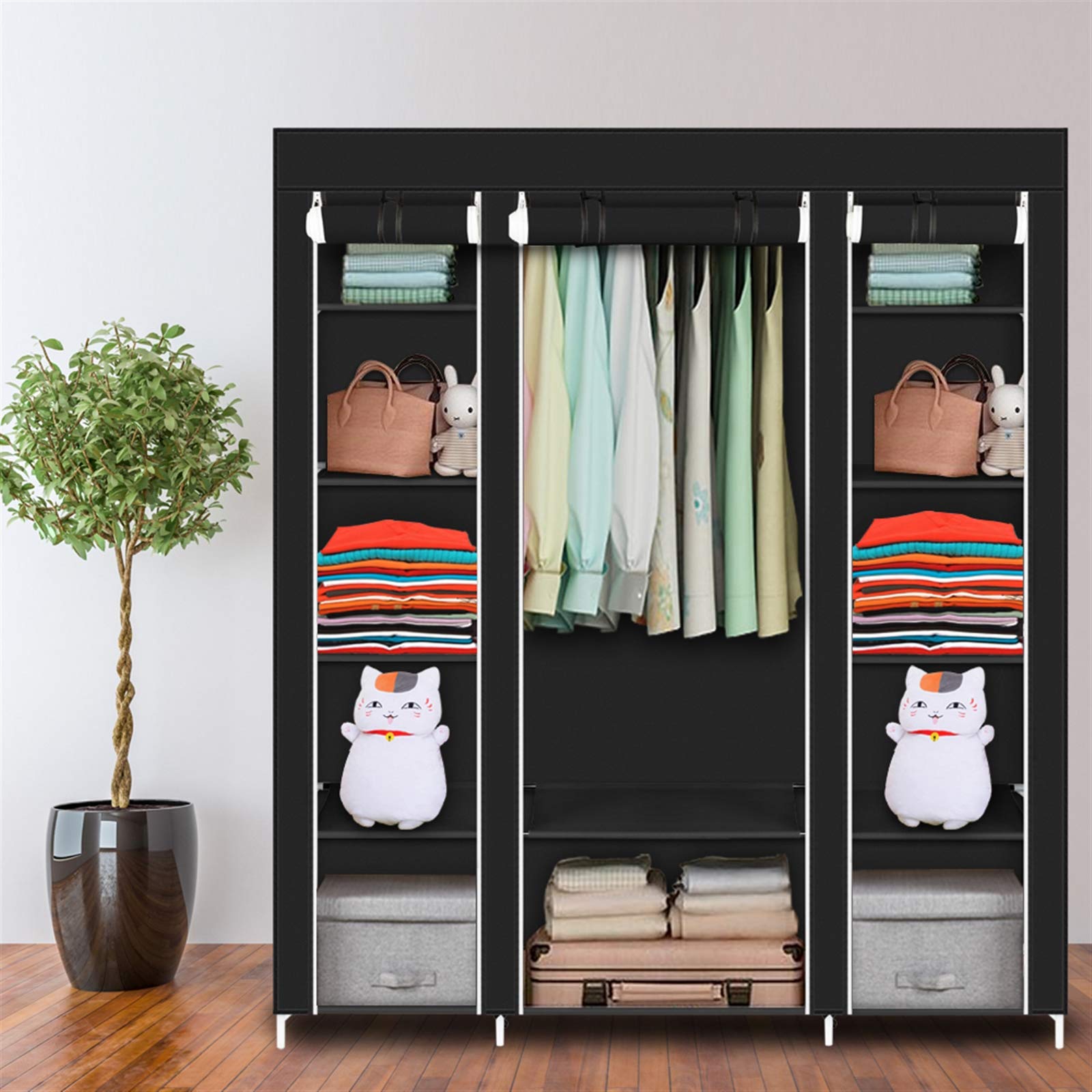 Portable Closet with Metal Shelves & Dustproof Cover - Large Wardrobe Organizer for Clothes Storage | Perfect for Small Spaces, Dorm Rooms & Seasonal Clothing Organization (Black)