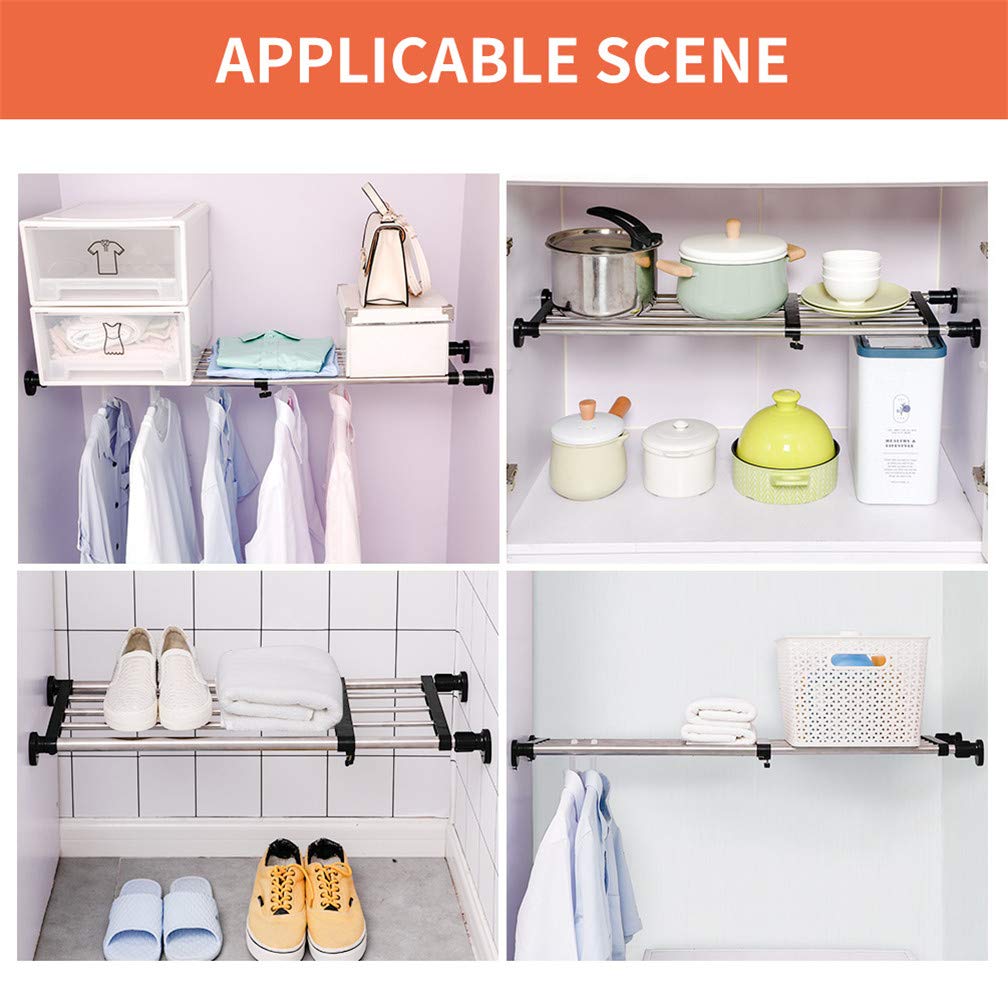 Hershii Expandable Closet Organizer - Adjustable Tension Shelf Rod, Metal Storage Rack for Wardrobe, Kitchen & Bathroom (Black, 23.62-31.5 Inches) - Perfect for Small Spaces & DIY Home Organization