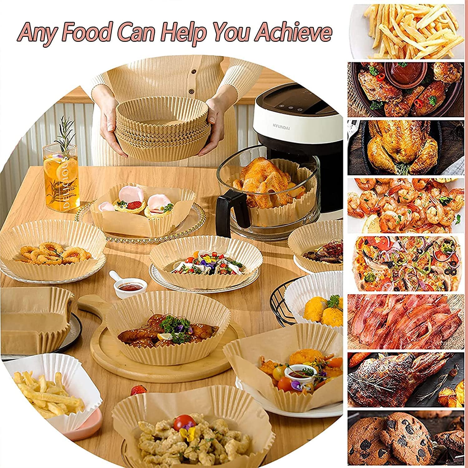 Non-Stick Air Fryer Liners 100Pcs (6.3 inch) with 100pc Disposable Gloves - Oil Proof, Waterproof, Food Grade Parchment Paper for Baking, Roasting, Microwave & Frying - Perfect for Healthy Cooking, Meal Prep & Party Snacks