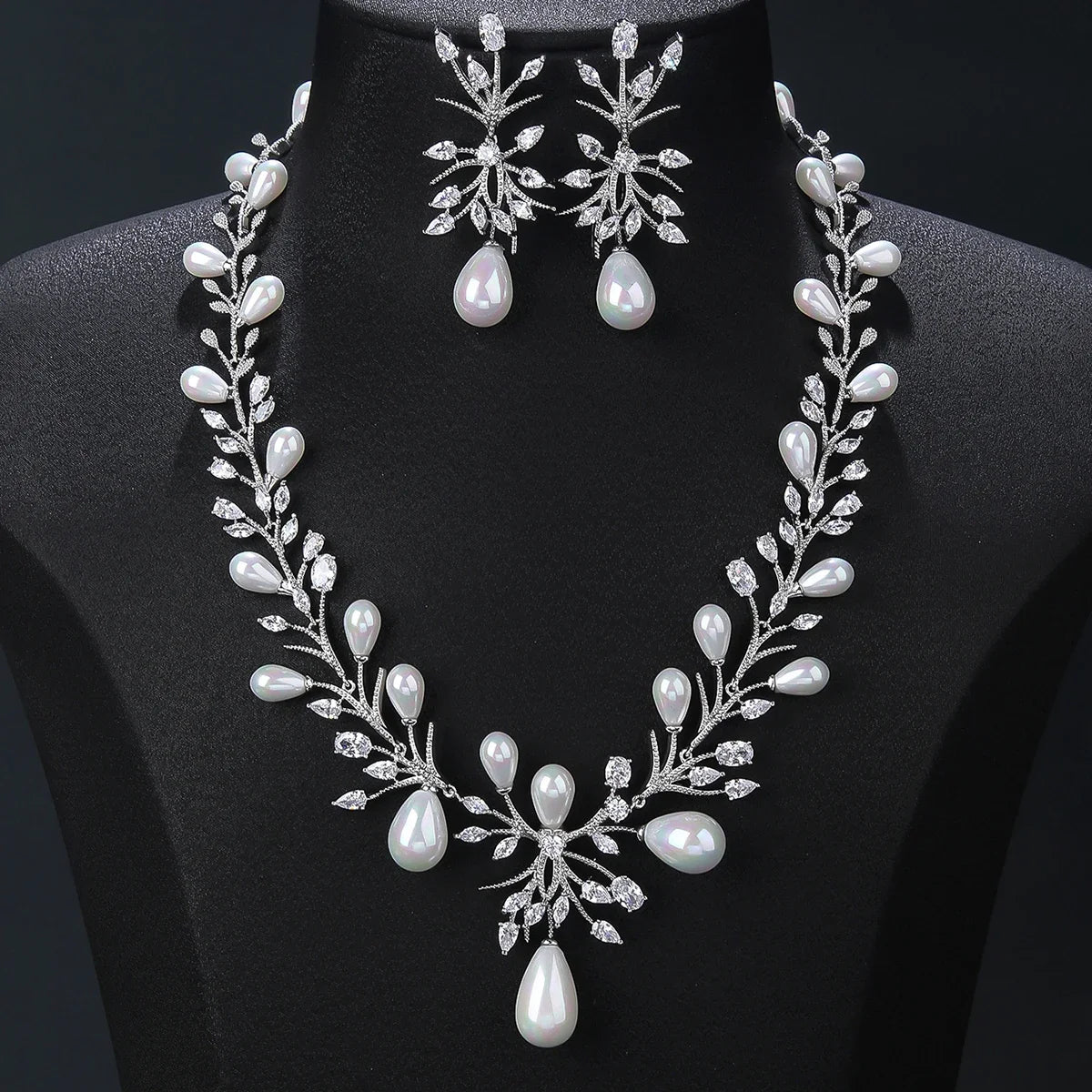 Luxury White Cubic Zirconia Pearl Necklace & Earrings Set for Women - Elegant Wedding, Bridal Party Jewelry Gift - Perfect for Anniversary, Prom & Formal Occasions