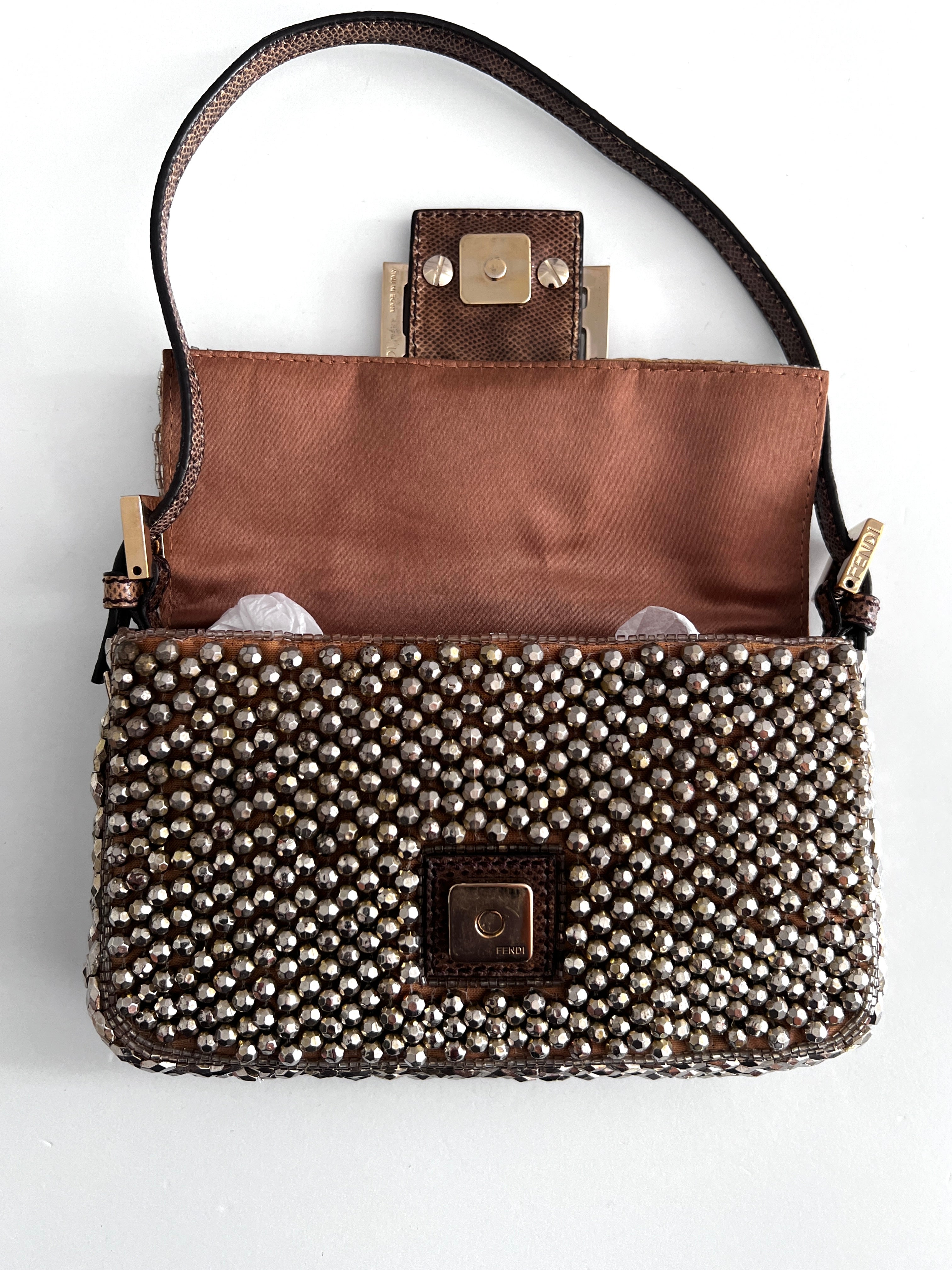 Fendi Silver Beaded Mini Baguette Bag - Luxury Crossbody Purse for Women | Perfect for Parties, Weddings & Evening Events