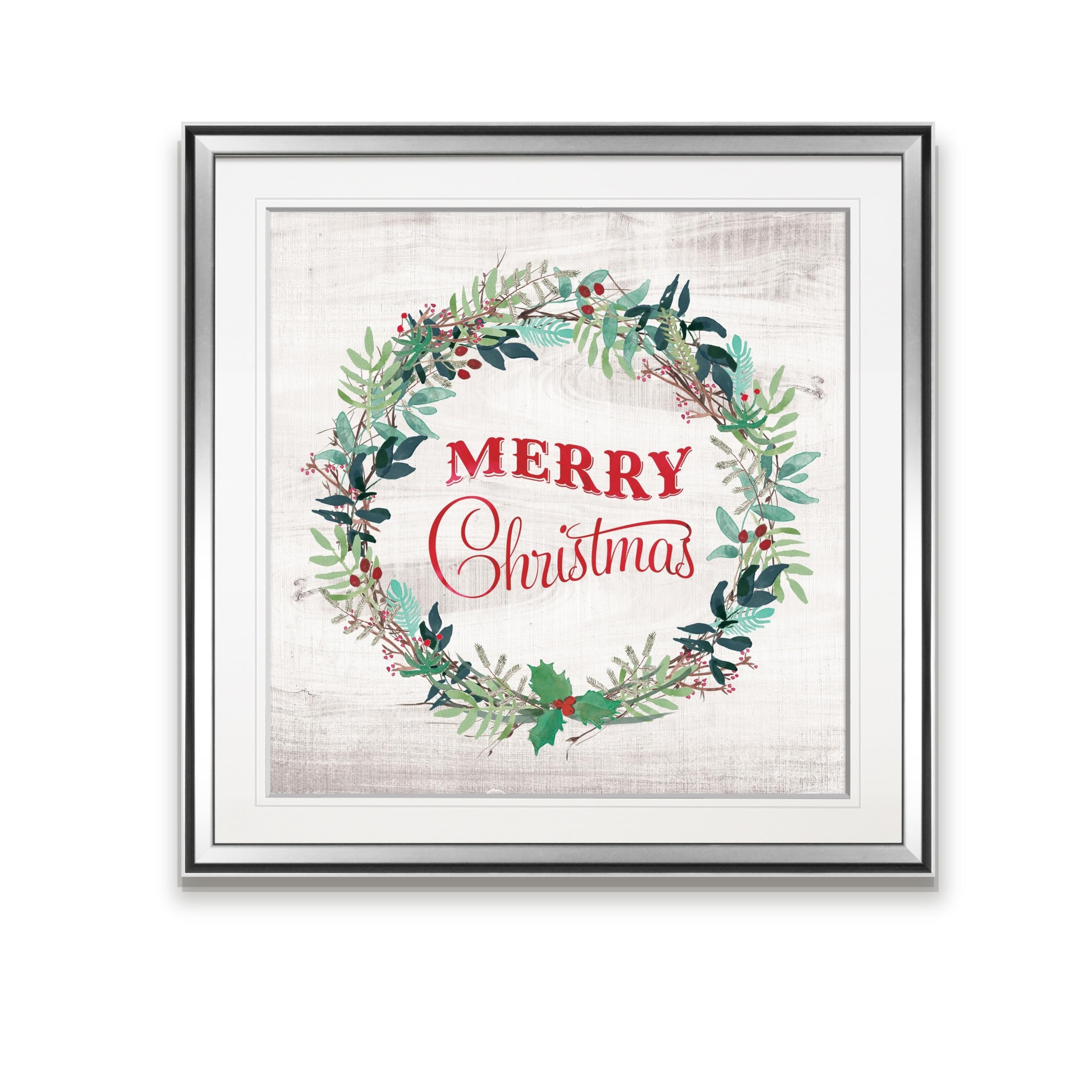 Wexford Home Merry Christmas Wreath - Custom Framed Holiday Wall Art Print in Blue, White, Grey, Yellow, Green, Silver & Gold - 38x38 Inch Christmas Decor for Living Room, Front Door & Holiday Party Decoration