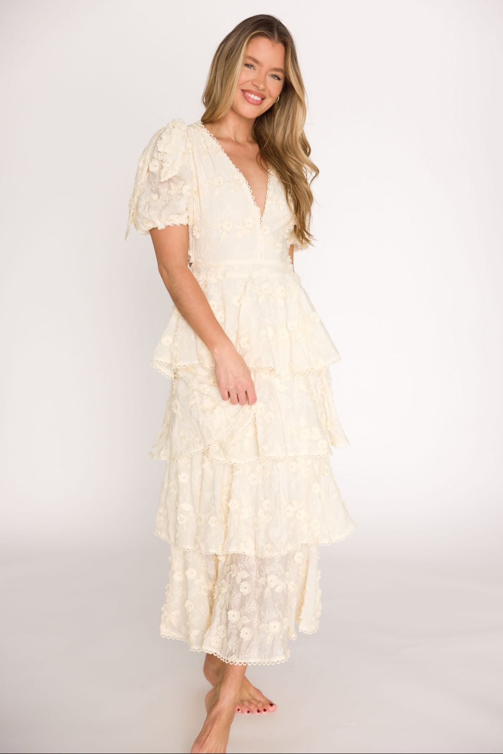 Arianell Women's Embroidered Floral Midi Dress - Cream Summer Casual Dress for Beach, Wedding & Party Occasions
