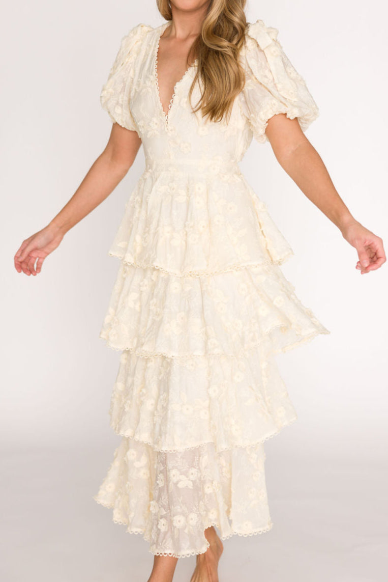 Arianell Women's Embroidered Floral Midi Dress - Cream Summer Casual Dress for Beach, Wedding & Party Occasions