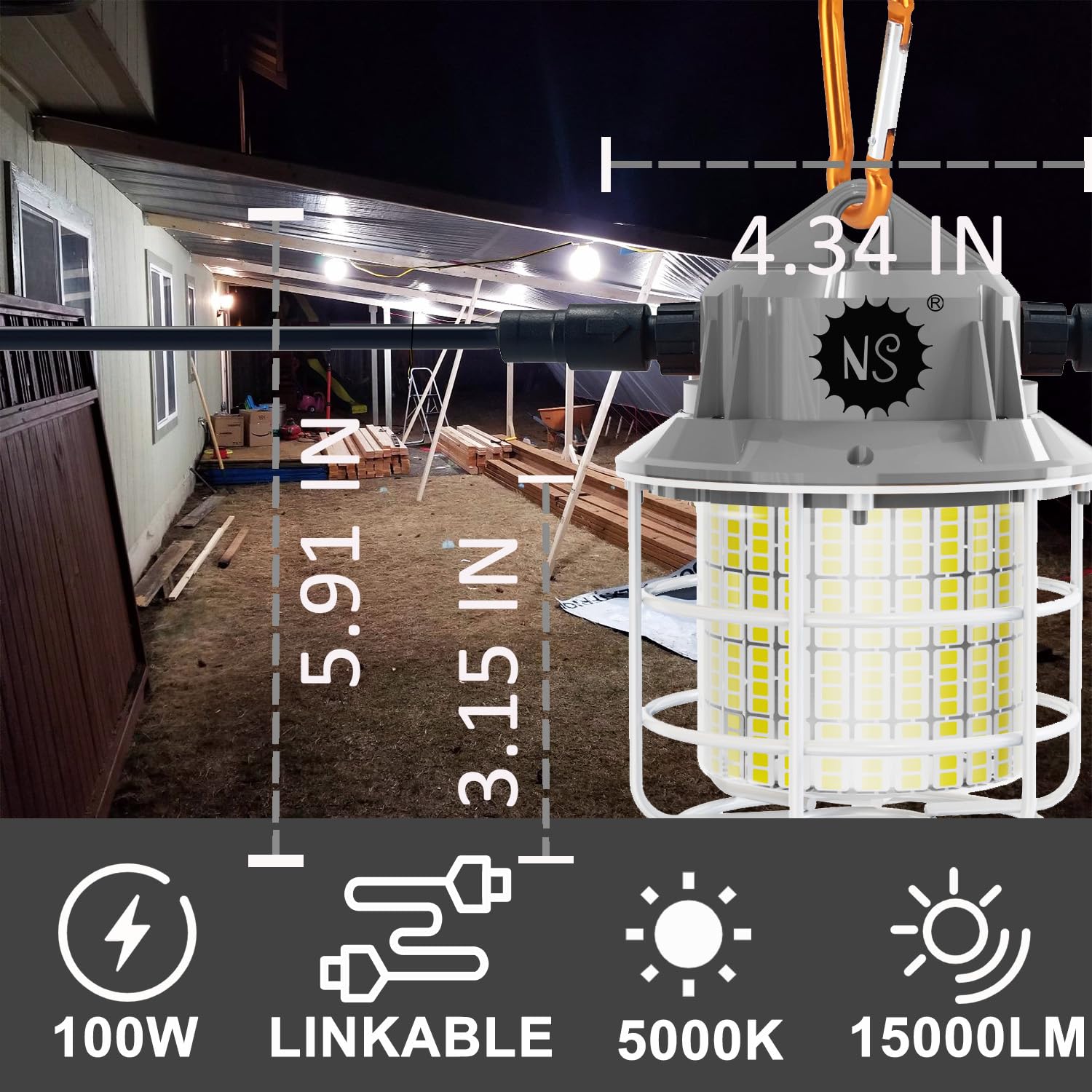 55W 8500LM LED Work Light - Equivalent to 200W HID/HPS - 13.12FT Power Cord with US Plug - 5000K Daylight White - Linkable Hanging Light with Outlet & Hook - Perfect for Construction Sites, Warehouses, Garages, and Outdoor Events