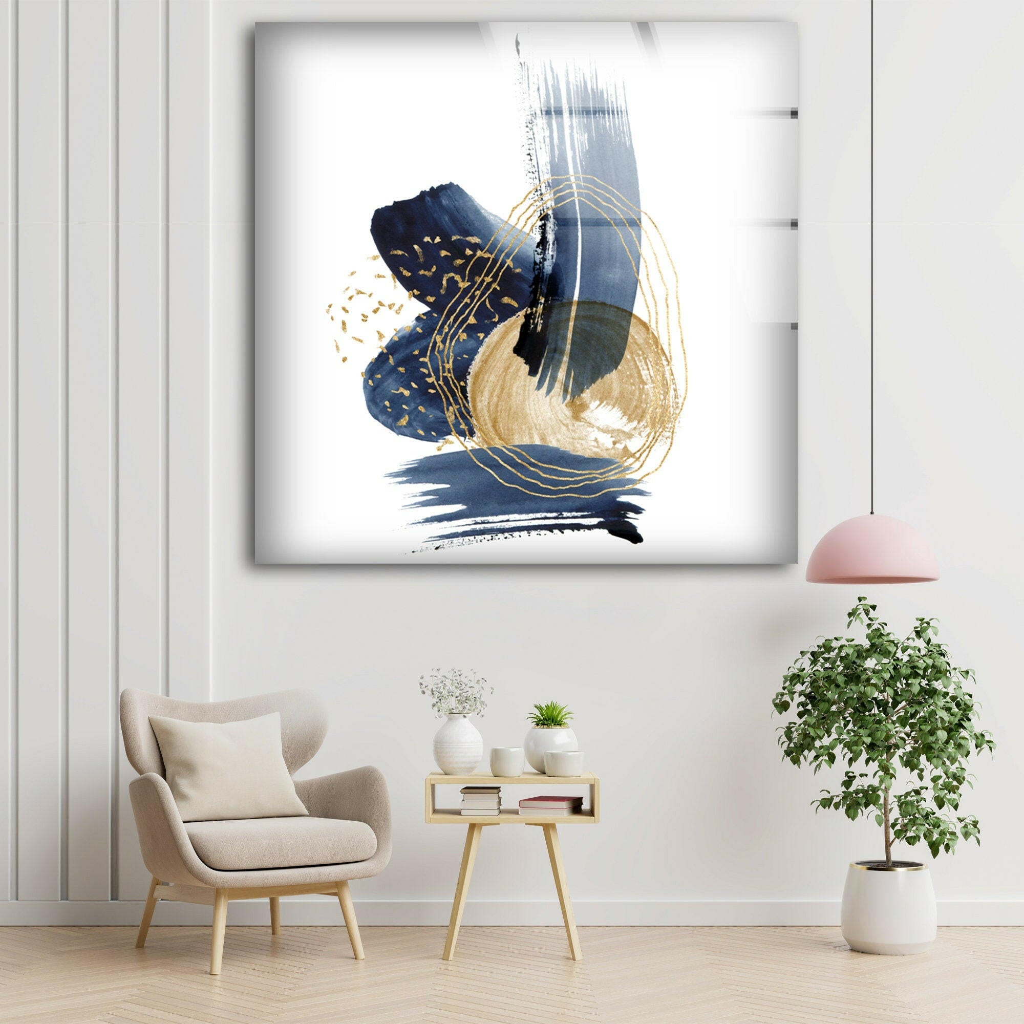 Blue Gold Abstract Painting Glass Wall Art - Modern Home Decor for Living Room, Bedroom & Office - Handmade Glass Wall Hanging for Unique Interior Design