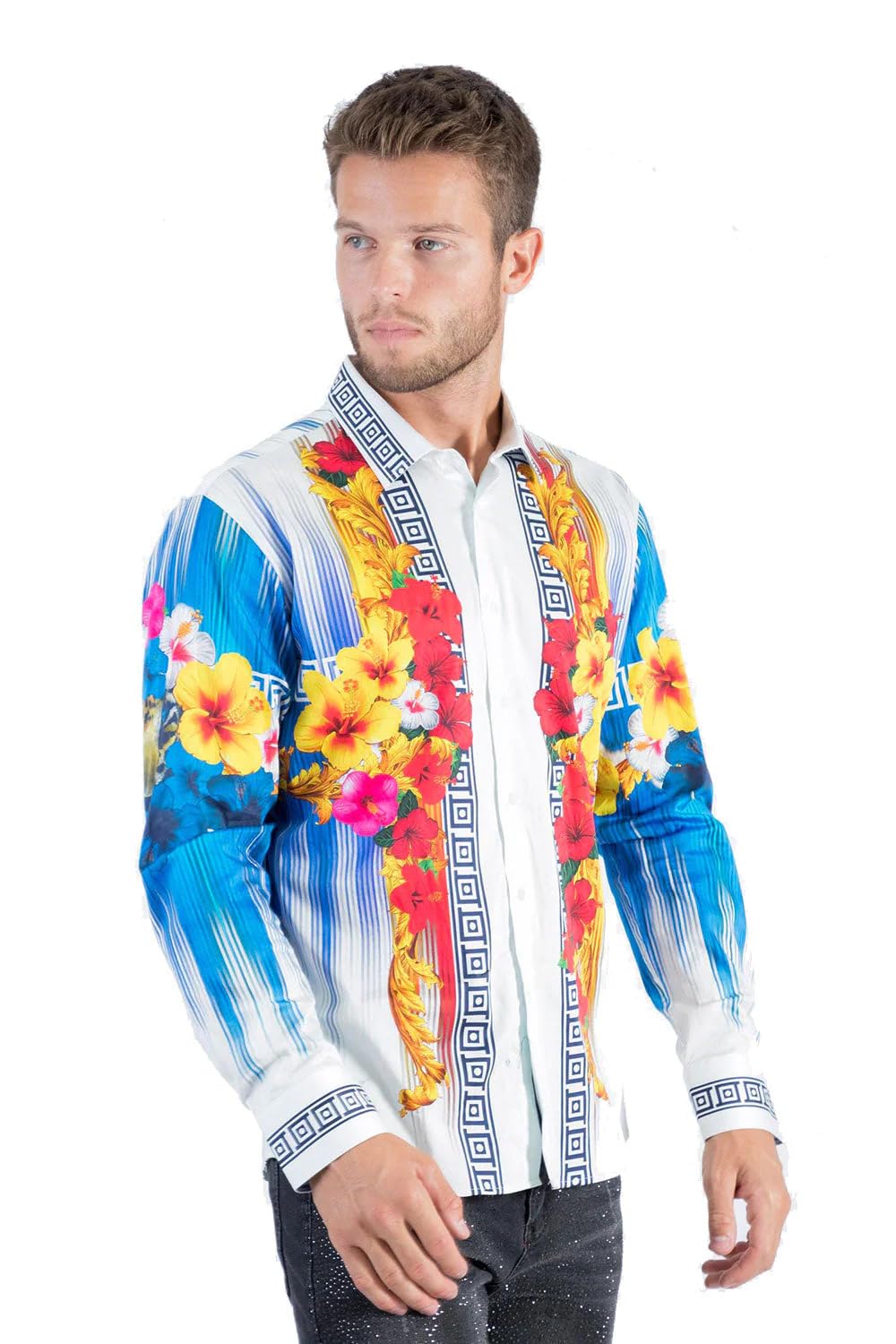 Barabas Men's Rhinestone Floral Tiger Greek Pattern Shirts - Stylish Casual Button Down Shirt for Party, Club & Night Out - SPR612
