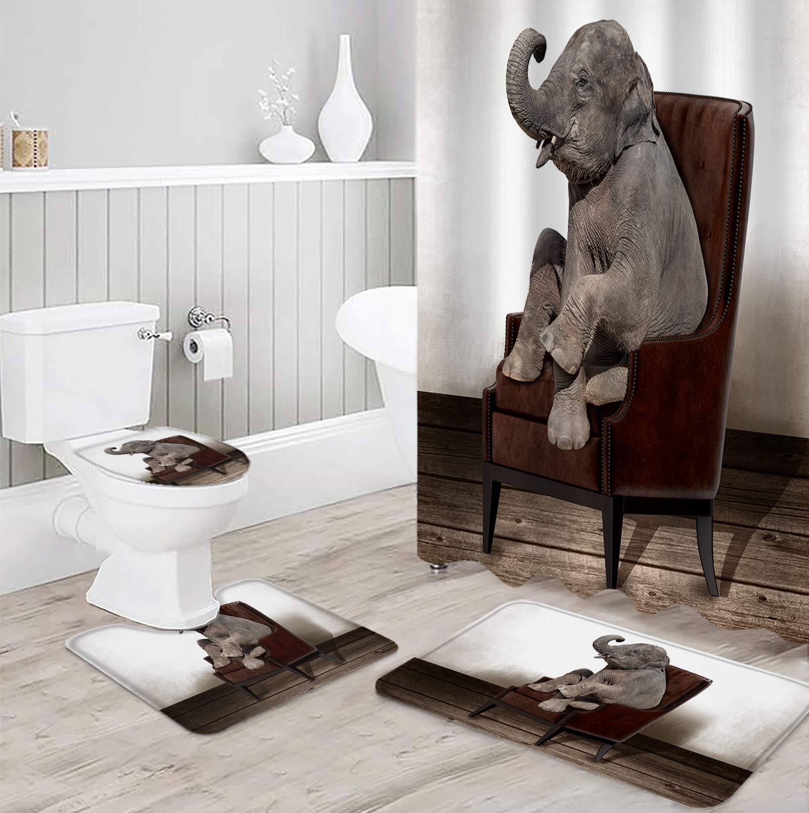 4-Piece Shower Curtain Set with Non-Slip Bath Rugs - Tropical Elephant Sitting on Chair Design, Toilet Lid Covers & U-Shaped Contoured Pad - Retro Farmhouse Animal Art Bathroom Decor for Home - Perfect for Guest Bathrooms, Kids' Bathrooms & Vacation Homes