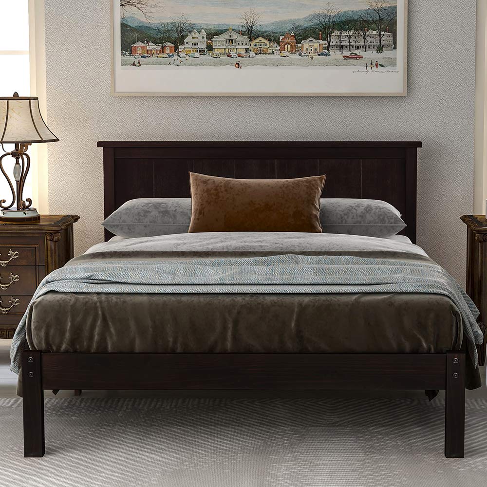 Rockjame Premium Brown Wood Queen Platform Bed Frame with Headboard - Sturdy Slat Support, Easy Assembly, No Box Spring Needed - Perfect for Modern Bedrooms & Guest Rooms