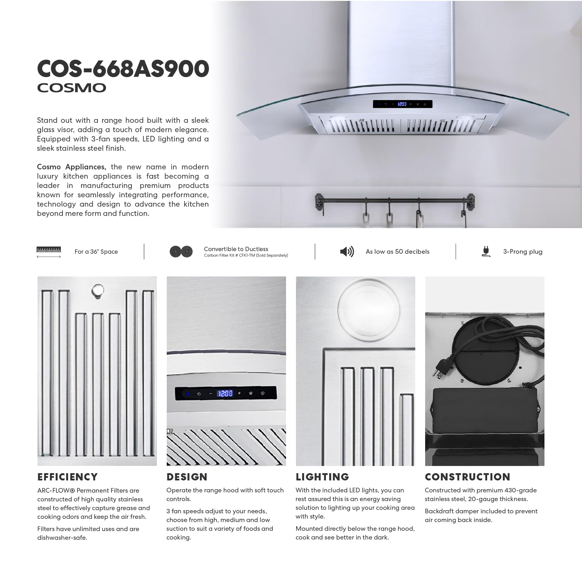 COSMO COS-668AS900 36 Inch Stainless Steel Wall Mount Range Hood - 380 CFM Ducted Ventilation, Touch Controls & LED Lights for Modern Kitchens | Perfect for Cooking, Grilling & Smoke Removal