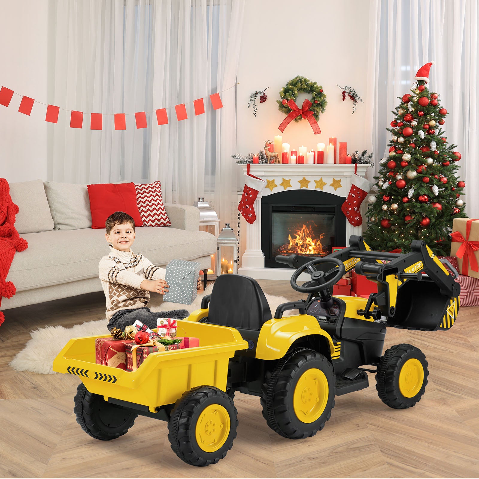 EROMMY 12V Electric Ride-On Excavator Toy with Remote Control & Bluetooth - 4WD Motorized Digging Arm Construction Vehicle for Kids Ages 3-7 | Outdoor Play, Birthday Gift, Construction Pretend Play