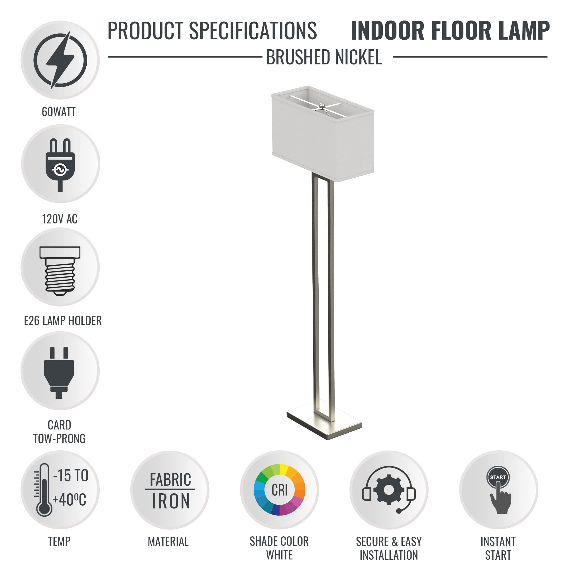 Modern 61-inch LED Floor Lamp for Living Room - Brushed Nickel Finish, Pure White Linen Shade, Corner Standing Lamp with On/Off Switch, E26 Base (Bulb Not Included) - Perfect for Reading Nook, Bedroom Lighting & Home Office Decor