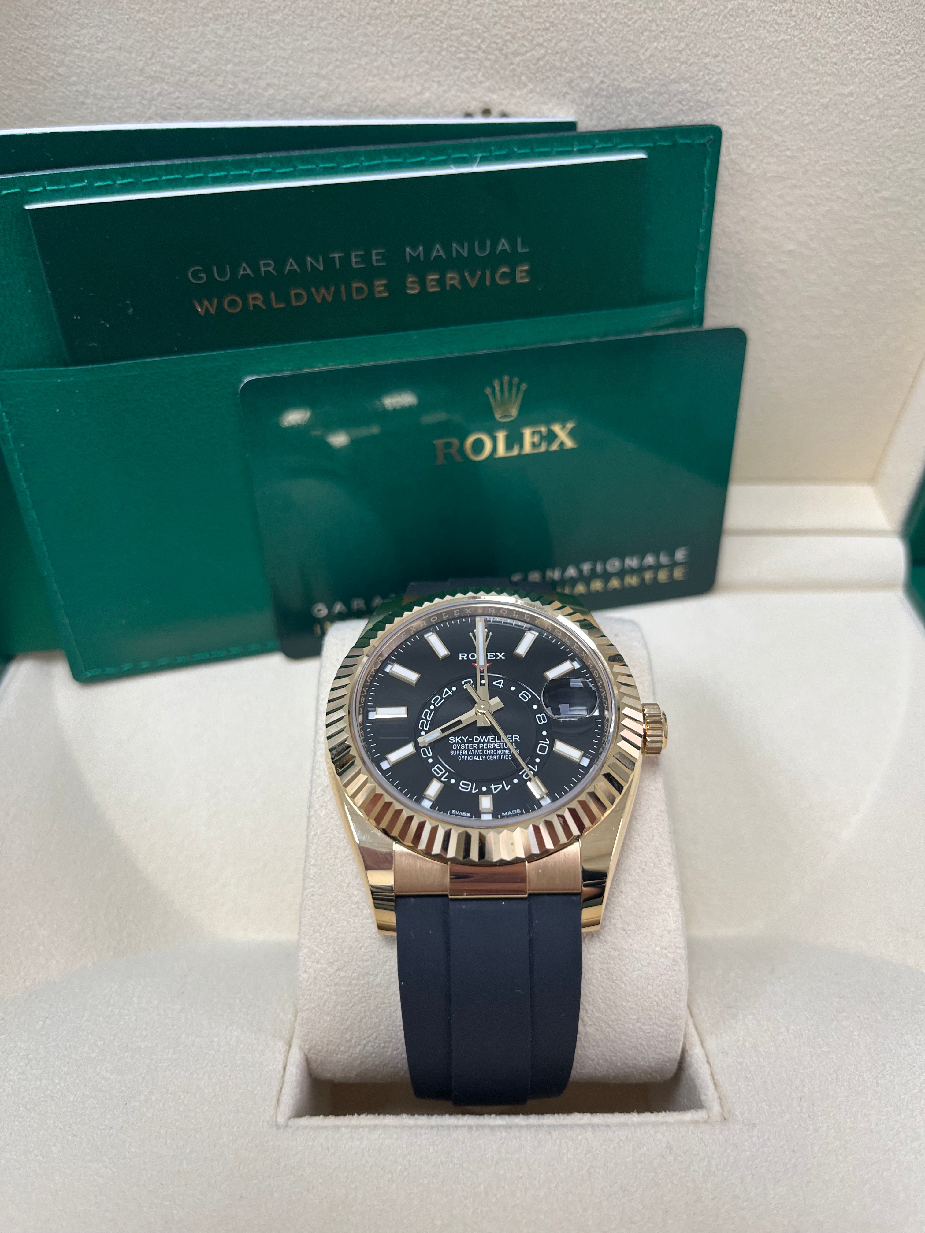 Rolex Sky-Dweller 18K Yellow Gold Watch with Black Index Dial & Oysterflex Bracelet (Ref# 326238) - Luxury Timepiece for Business Travelers & Watch Collectors