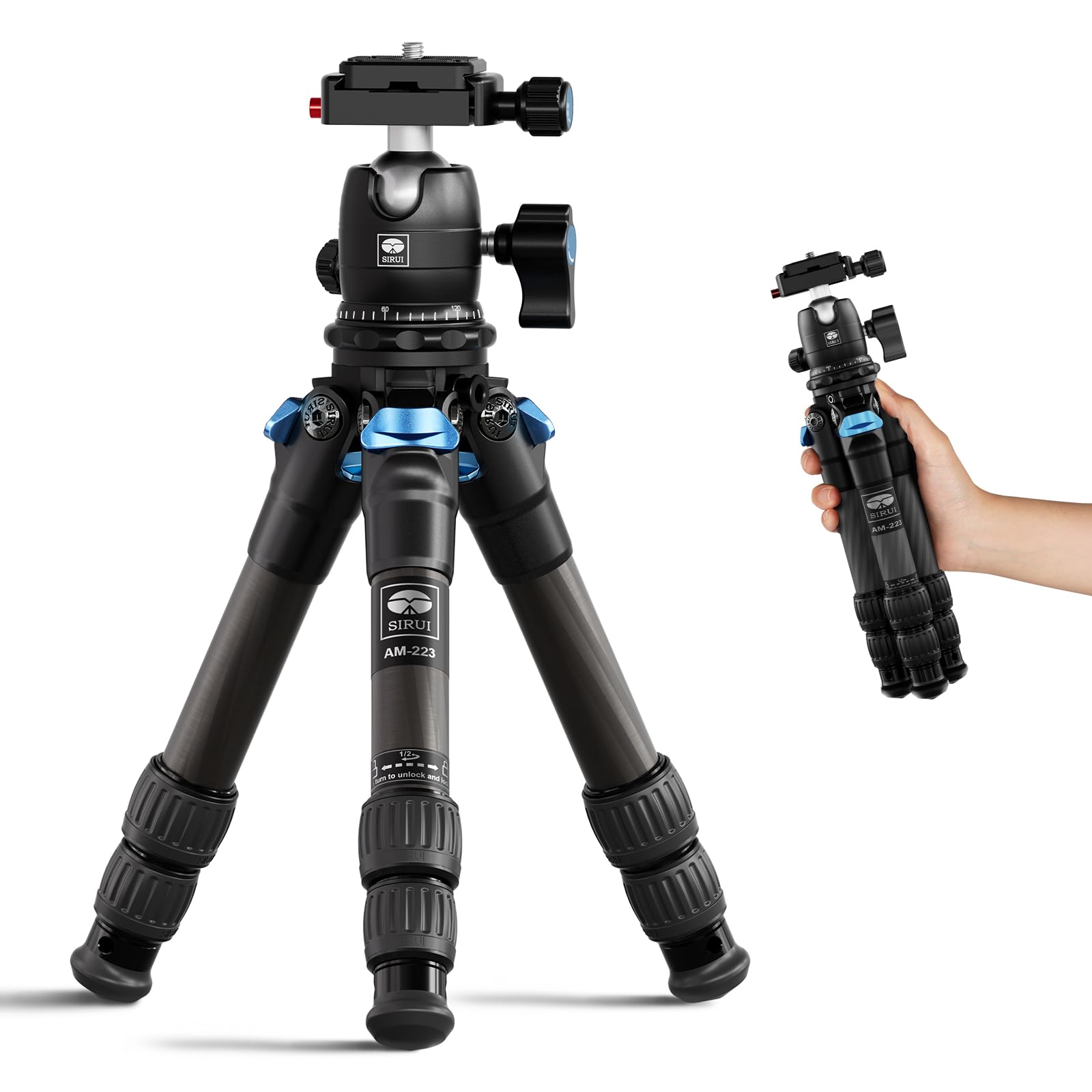 SIRUI Carbon Fiber Travel Tripod with 360° B-00K Arca-Swiss Ballhead - Compact Lightweight Mini Desktop Tripod for Mirrorless Cameras, DSLR, Smartphones (Folded 12.1