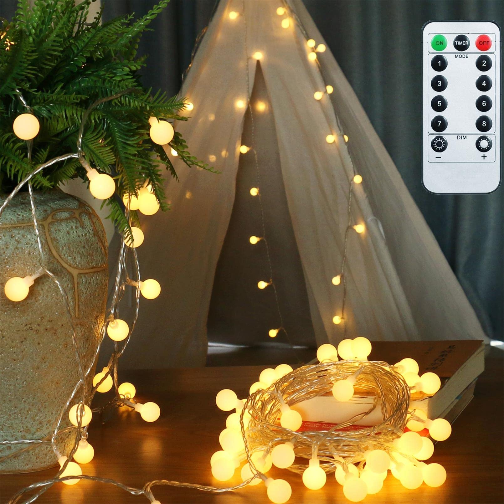 AMARS 16.4ft Warm White LED Globe String Lights - Battery Operated Fairy Lights for Bedroom, Patio, Garden & Party Decor - Waterproof Indoor/Outdoor Mood Lighting with Remote & Timer - Perfect for Weddings, Christmas, Tapestry Backdrops and Ambient Lighting