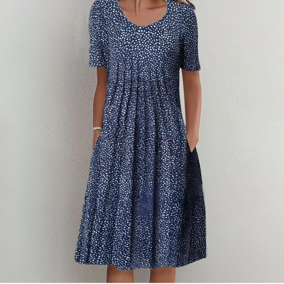Boho Floral Sun Dress for Women 2024 - Pleated Crew Neck Short Sleeve Midi Dress with Pockets | Perfect for Beach Vacations, Summer Parties & Casual Outings