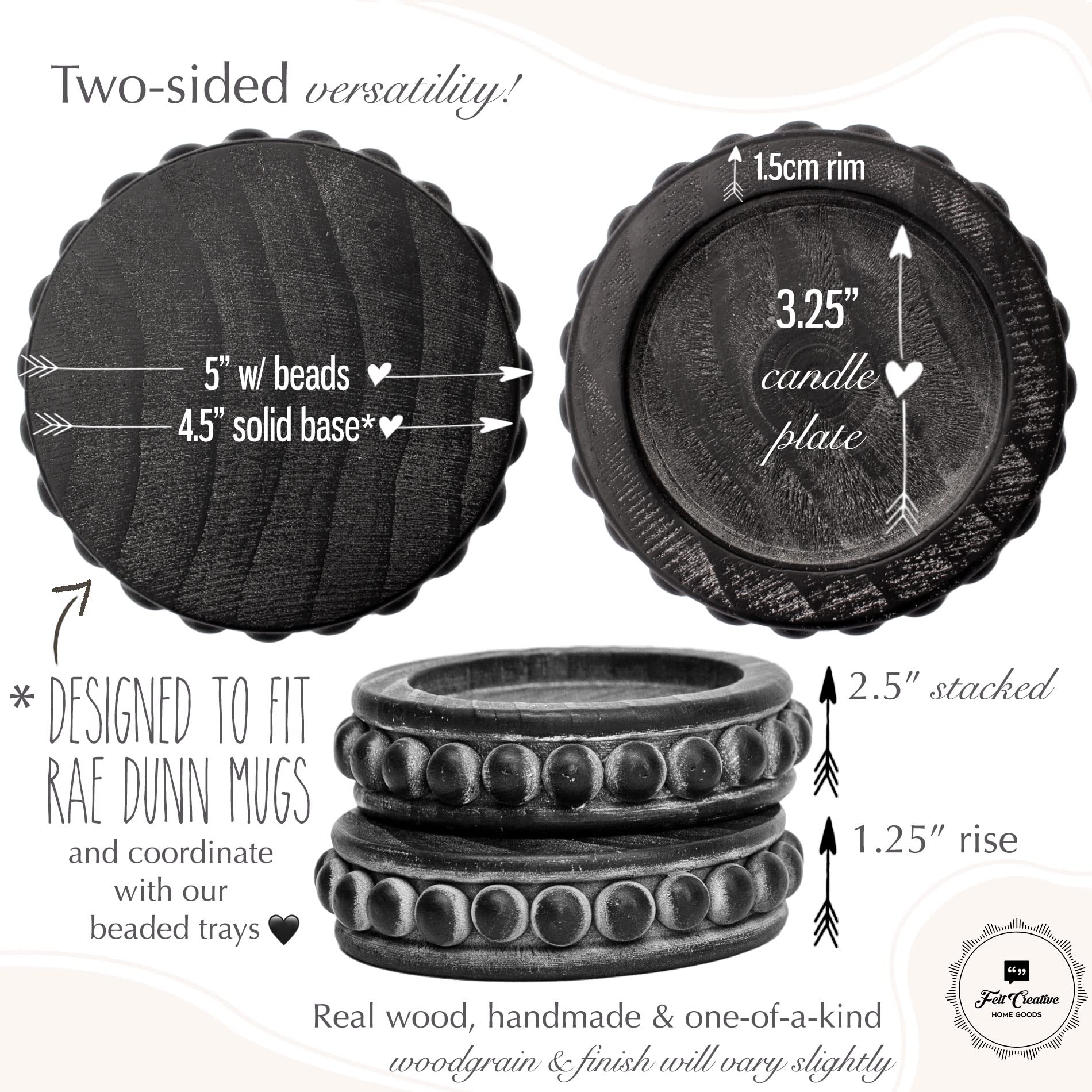 Rustic Wood Beaded Pedestal Tray Decor Riser Set - Kitchen Counter Organizer, Coffee Bar Table Display, Plant Stand with Black Woodgrain Finish | Perfect for Farmhouse Decor, Dining Table Centerpiece, and Bathroom Storage