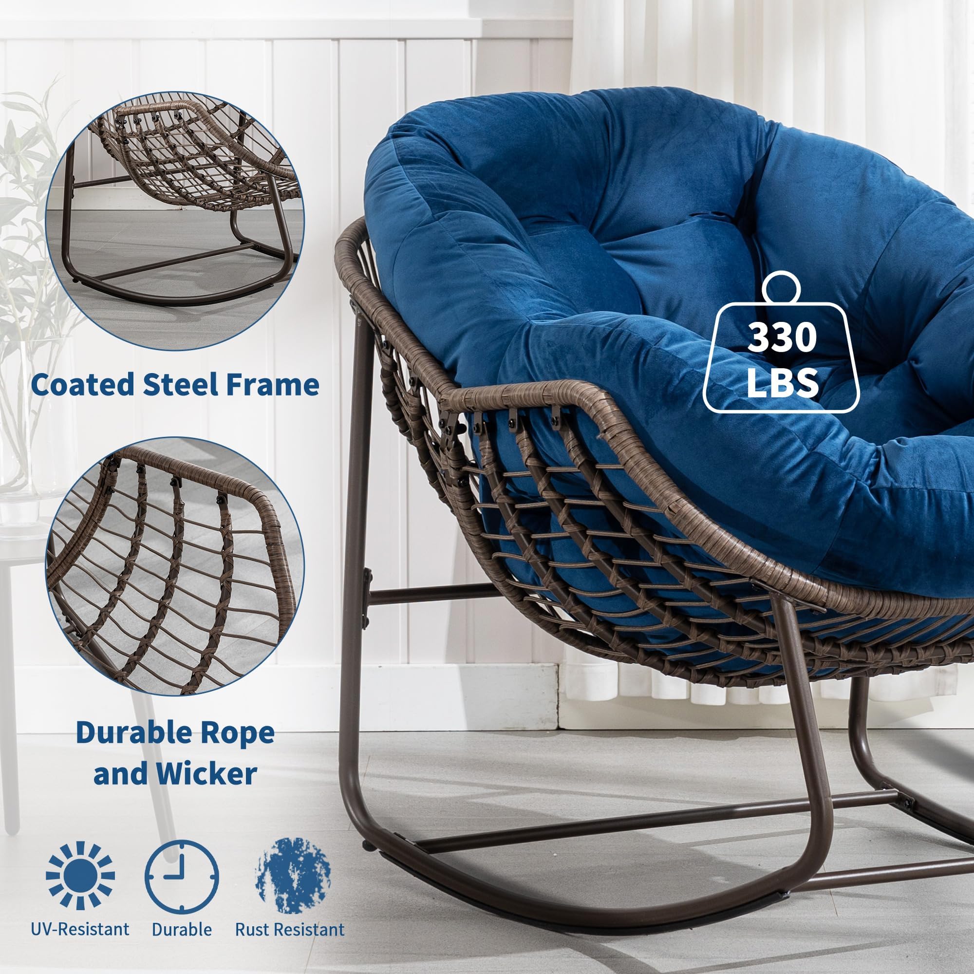Oversized Wicker Papasan Glider Rocking Chair - Comfortable Patio & Indoor Rocker Recliner for Living Room, Nursery, Bedroom, Front Porch - Blue Accent Lounge Chair for Relaxing, Reading & Napping (1 Chair)