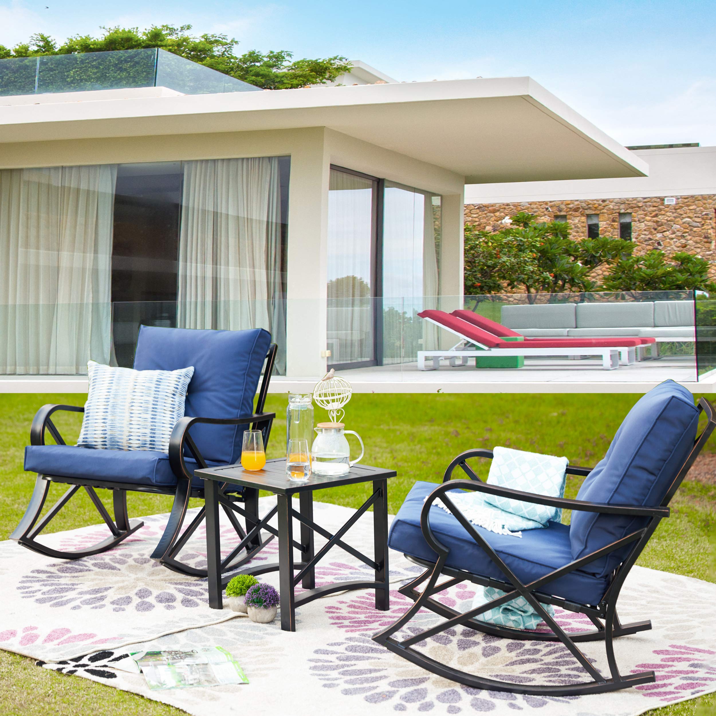LOKATSE HOME 3-Piece Patio Furniture Set - Outdoor Rocking Chairs with Thick Cushions & Square Coffee Table - Durable Metal Steel Frame - Blue - Perfect for Garden, Backyard, and Poolside Relaxation