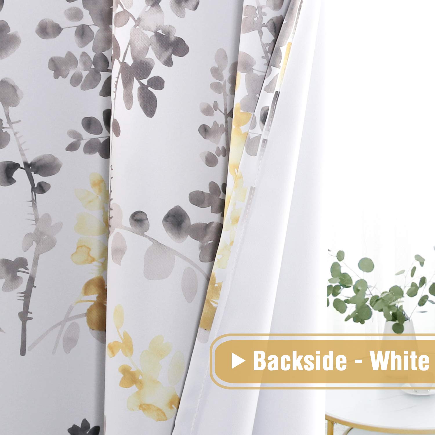 H.VERSAILTEX Floral Curtains 95 Inches Long - Blackout Printed Window Curtain Panels with Rod Pocket, Classic Grey & Yellow Floral Pattern for Bedroom & Living Room (Set of 2) - Perfect for Light Control & Home Decor