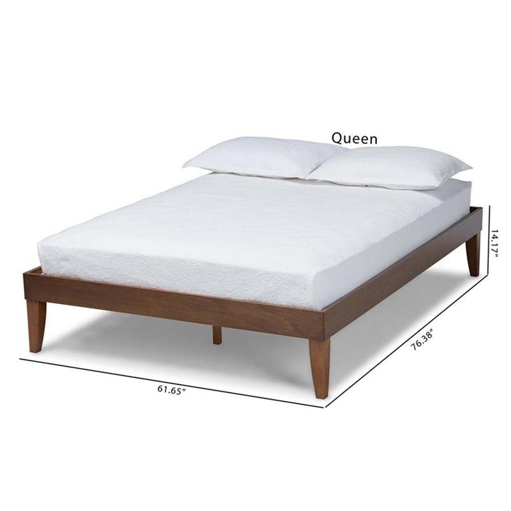 BOWERY HILL Queen Size Walnut Finished Platform Bed Frame with Headboard - Solid Wood Modern Bedroom Furniture for Small Spaces & Guest Rooms
