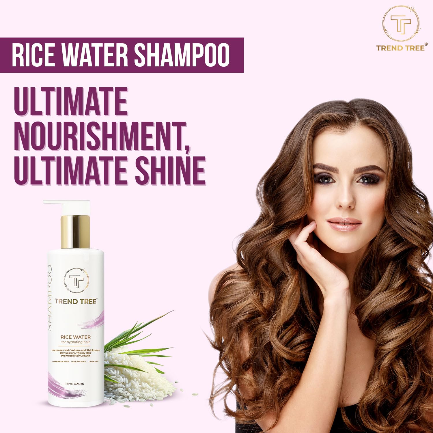 TRENDTREE® Rice Water Shampoo for Dry Damaged Hair - Hydrating & Volumizing Formula Promotes Hair Growth & Thickness - All Natural Paraben Free Silicone Free 250ml - Perfect for Daily Hair Care & Scalp Nourishment