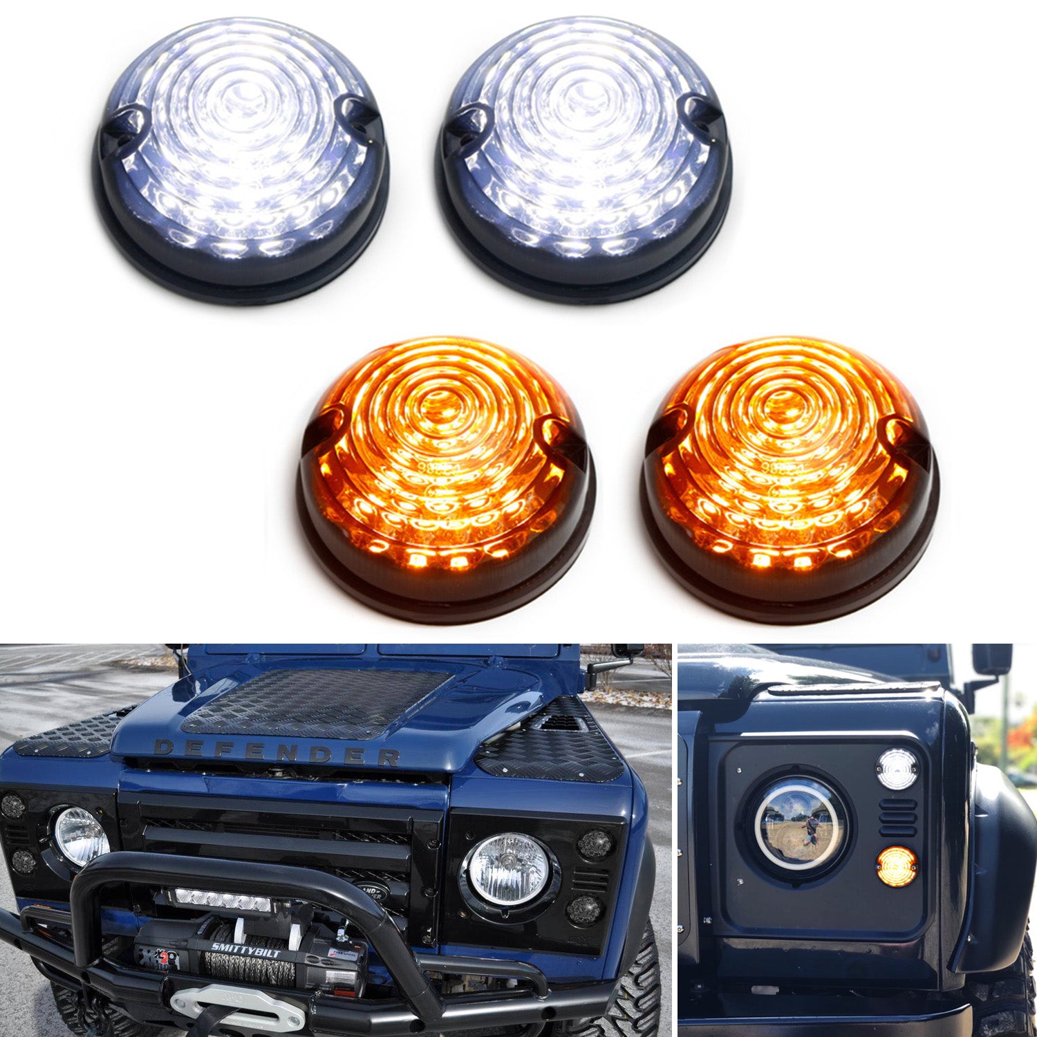 4-Piece Smoke Amber & White LED Turn Signal and Clearance Lamps for Land Rover Defender - Upgrade Your Off-Road Lighting for Enhanced Visibility & Style