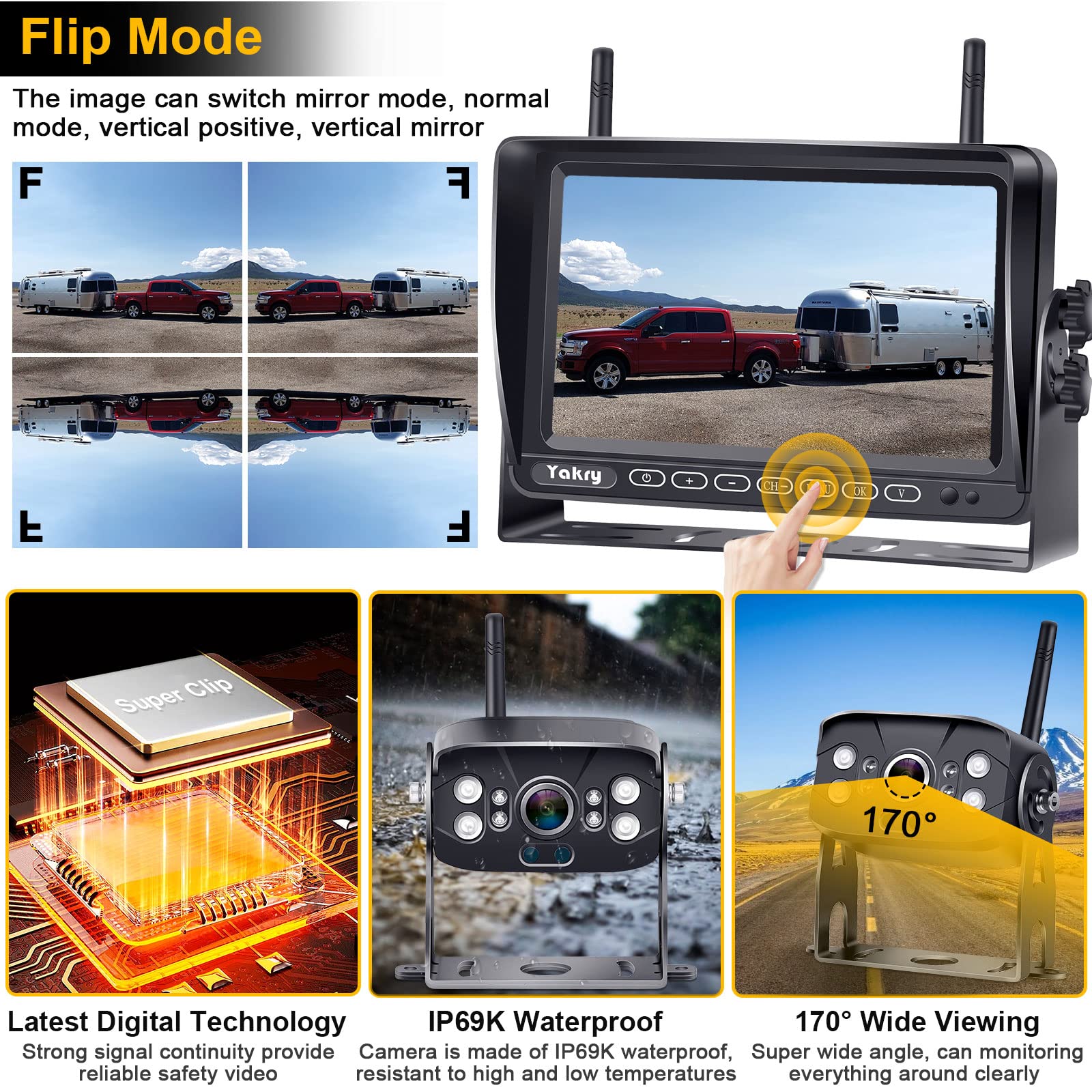 Yakry Y28-36 RV Backup Camera System - Wireless 1080P HD Recording with 7'' Touch Key Monitor, 2 Cameras, Night Vision & 4 Channels | Plug & Play Pre-Wired for Furrion System | Perfect for Trailers, Trucks & Motorhomes (Rear View Safety & Parking Assistance)