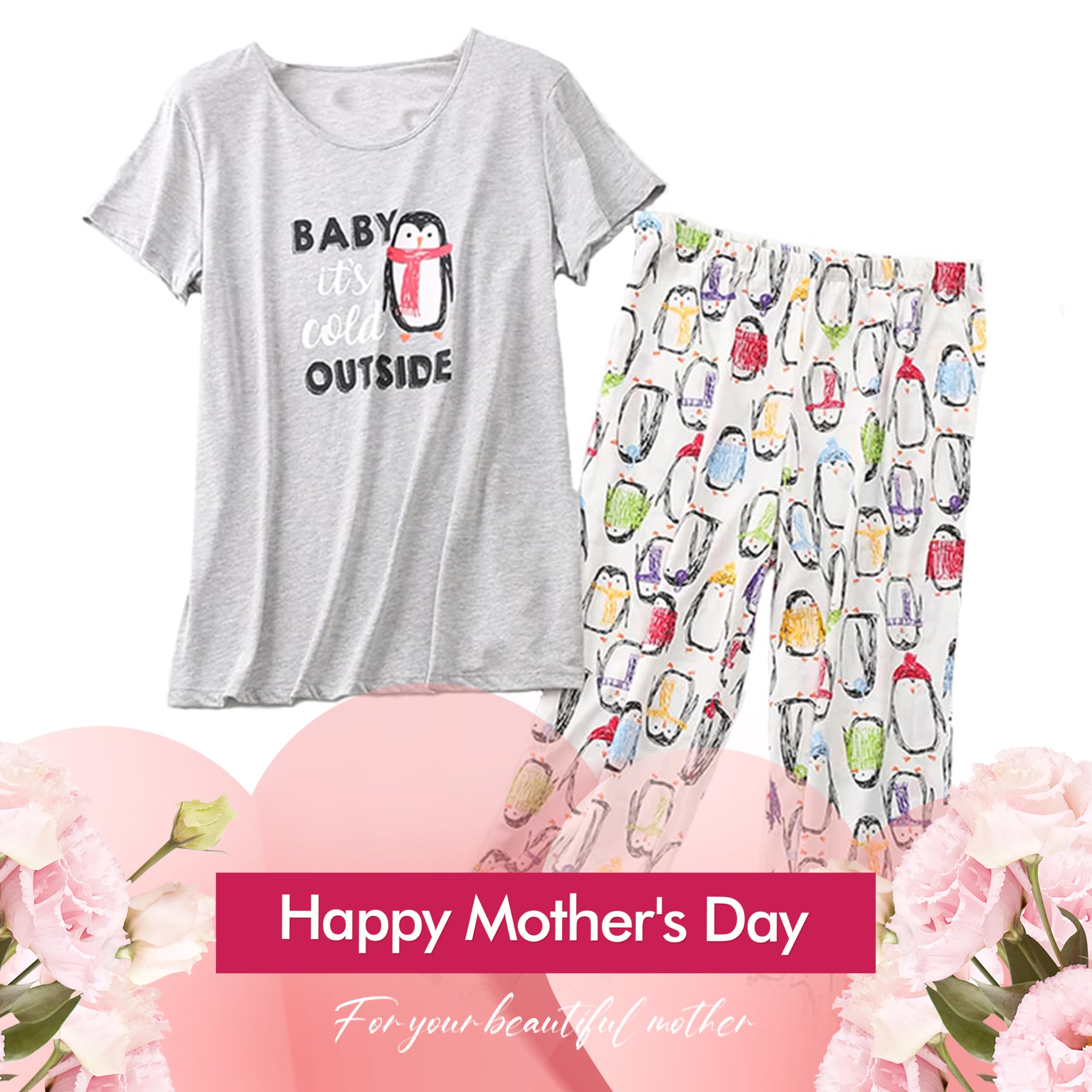 Inadays Women's Cotton Pajama Sets - Short Sleeve Top & Capri Pants 2-Piece Lounge Wear for Summer, Sleep & Relaxation at Home
