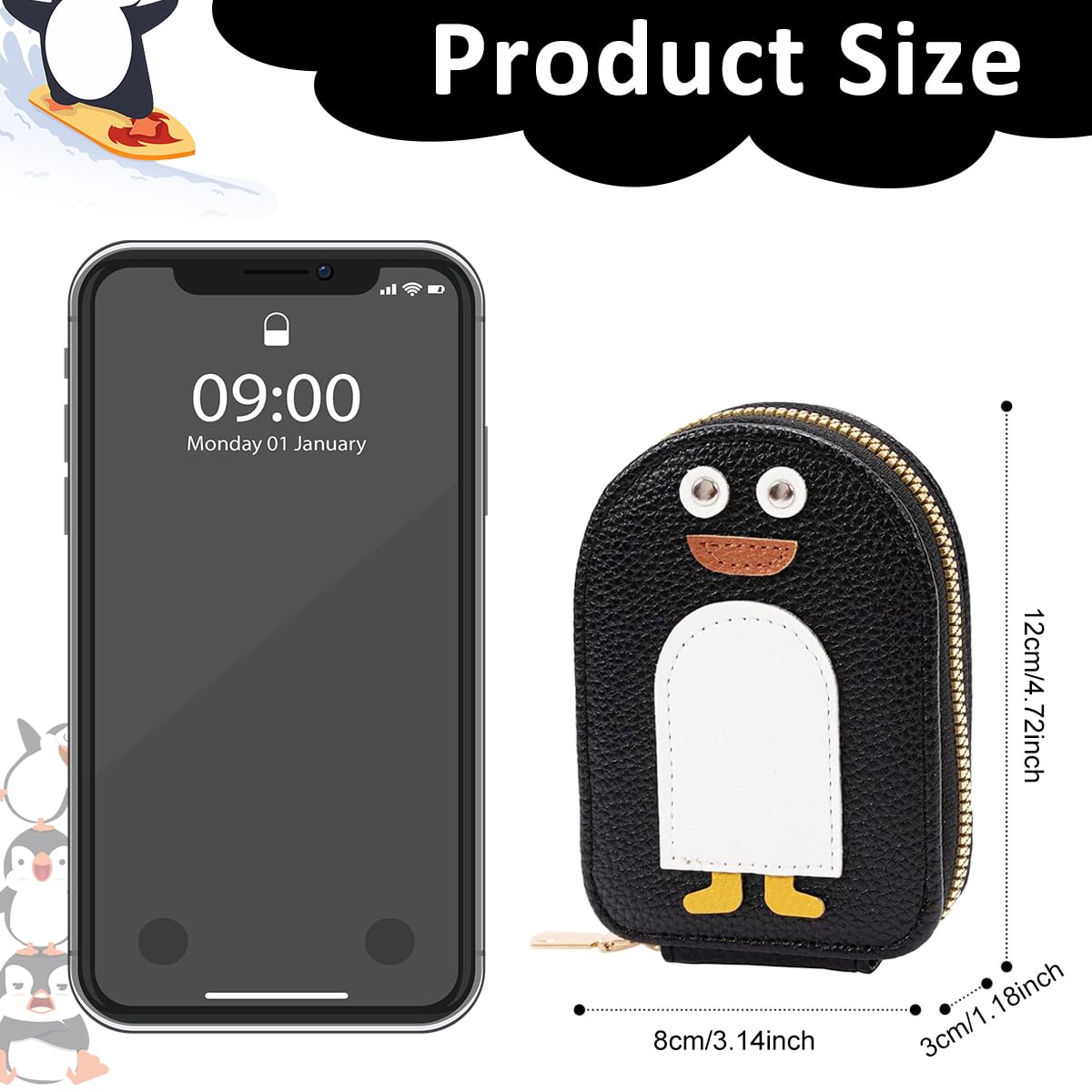 PALAY Girls RFID Blocking Travel Card Holder - 10 Compartment PU Leather Wallet Organizer with Zipper Pouch, Cartoon Penguin Design (Black) | Perfect for School, Travel, and Everyday Use