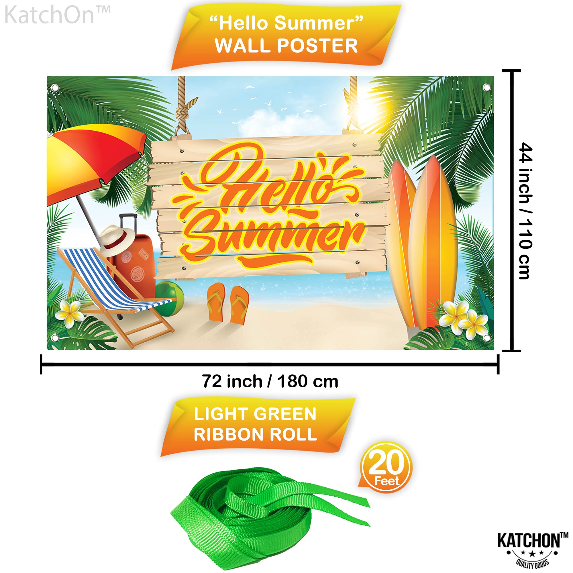 KatchOn Large 72x44 Inch Hello Summer Backdrop - Premium Summer Party Banner for Beach, Surfboard & End of School Decorations | Perfect for Pool Parties, Graduation Celebrations & Tropical Themed Events