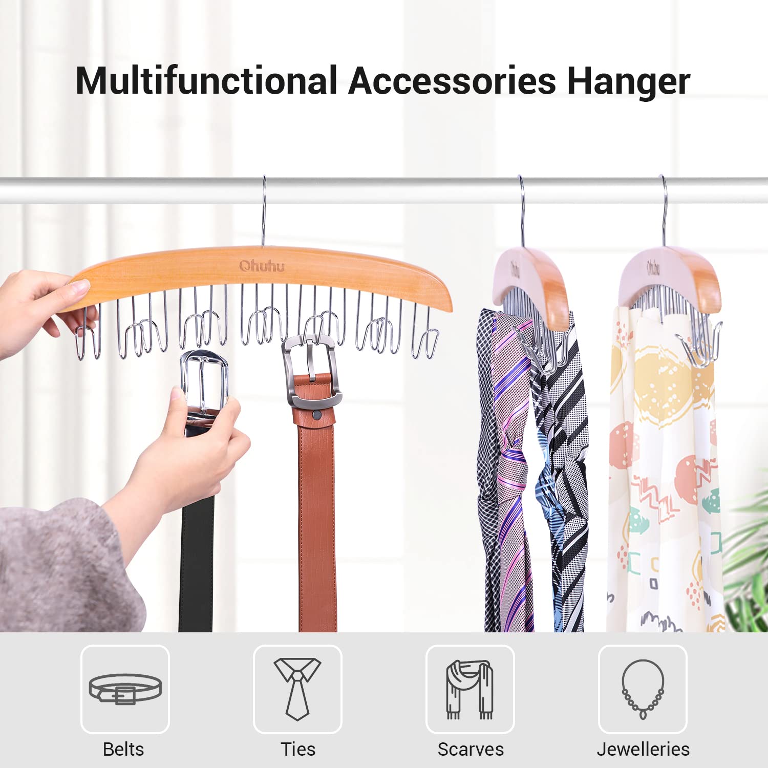 Ohuhu 360 Degree Rotating Belt & Tie Organizer - 12 Hook Wooden Closet Storage Rack for Belts, Neckties & Bow Ties - Space Saving Swivel Hanger for Bedroom, Closet & Dorm Organization