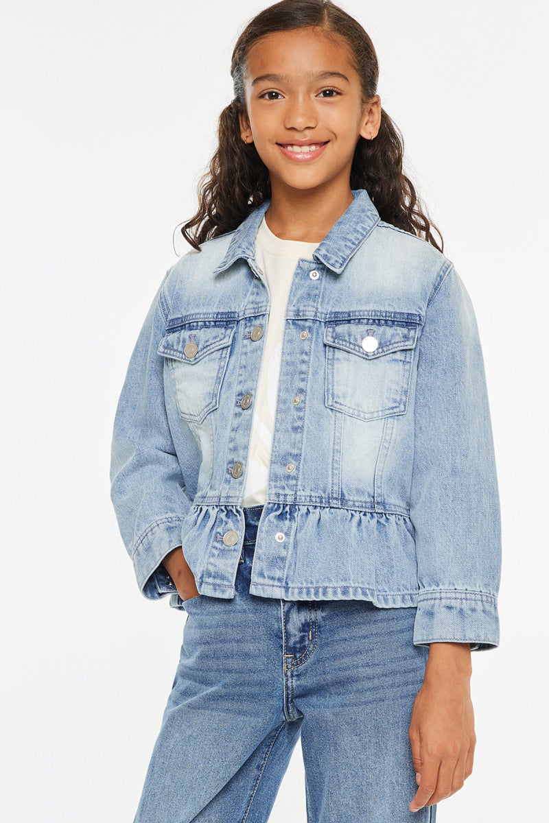 Penny Kids Peplum Denim Jacket for Girls - Stylish & Comfortable Denim Jacket with Ruffle Hem - Perfect for School, Playdates & Outdoor Activities