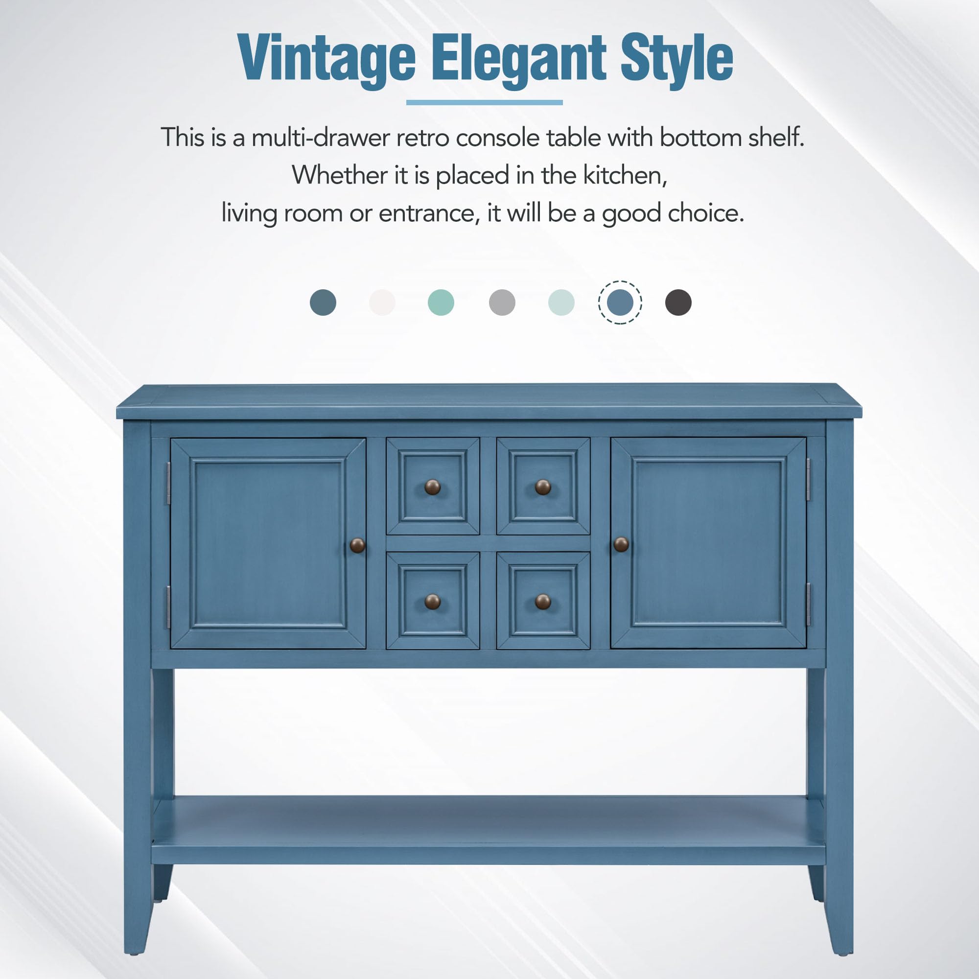 LZ LEISURE ZONE Retro Style Wood Console Table with Storage Cabinet & Drawers - Light Navy Buffet Sideboard with Bottom Shelf for Living Room, Kitchen & Entryway - Perfect for Home Decor, Storage Solutions and Entryway Organization
