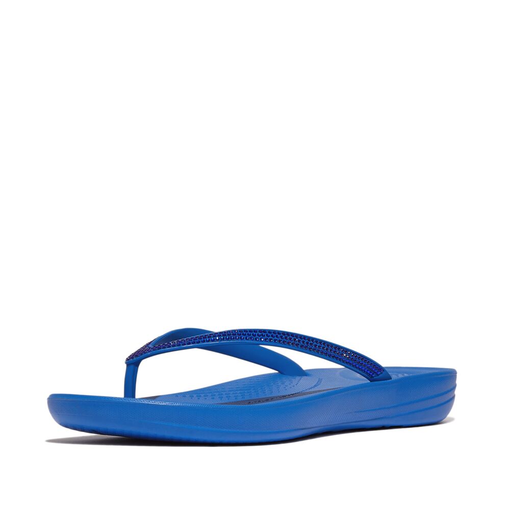 FitFlop Iqushion Sparkle Flip Flops Sandals for Women - Comfortable French Blue Glitter Beach Sandals with Arch Support | Perfect for Pool, Vacation & Summer Outfits