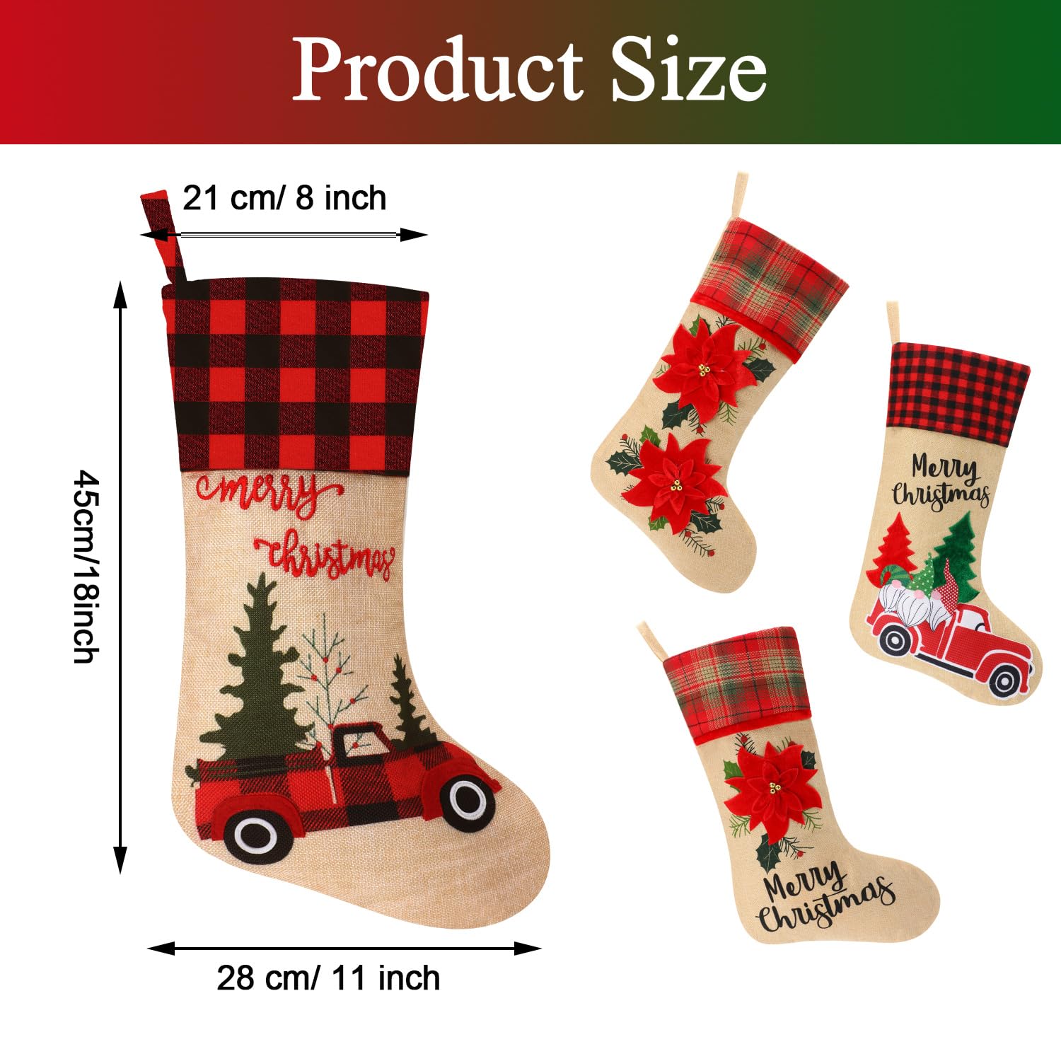 Skylety 4-Piece 18-Inch Plaid Burlap Christmas Stockings Set - Santa Claus & Holiday Flower Print Xmas Stockings for Fireplace Decor, Gift Exchange & Festive Home Decoration | Perfect for Christmas Tree, Mantel & Holiday Party Decorating