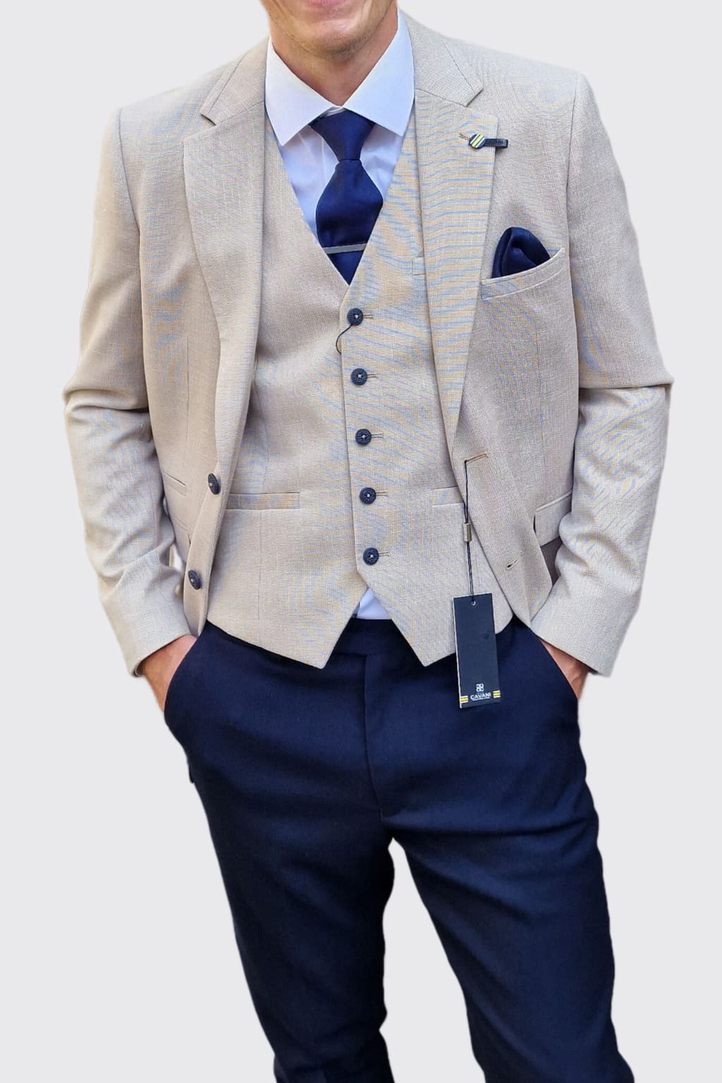 Cavani Miami Beige 3-Piece Suit with Navy Trousers for Men | Formal Business Attire | Perfect for Weddings, Office Meetings & Special Events