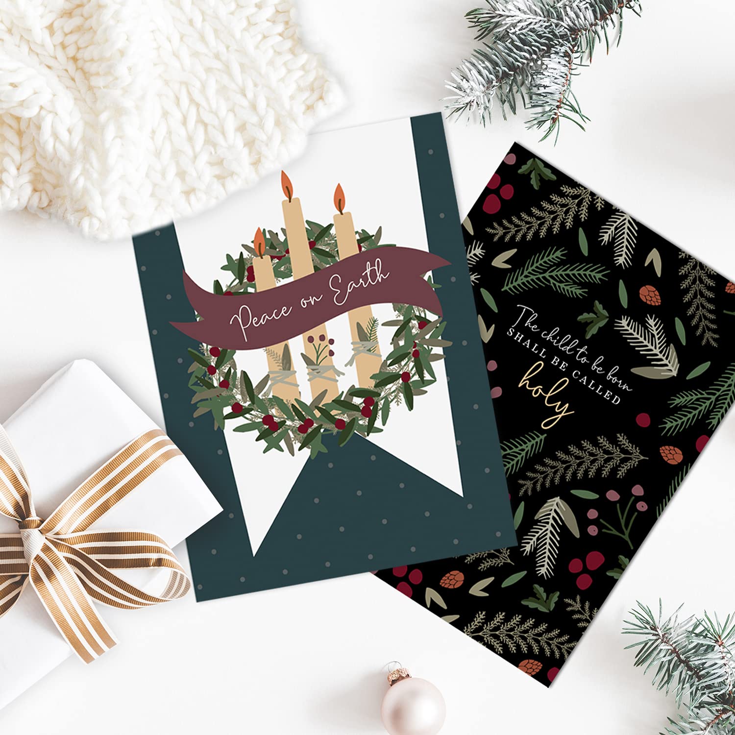 Religious Farmhouse Christmas Cards - 24 Pack Christian Holiday Greeting Cards with White Envelopes (4 5/8