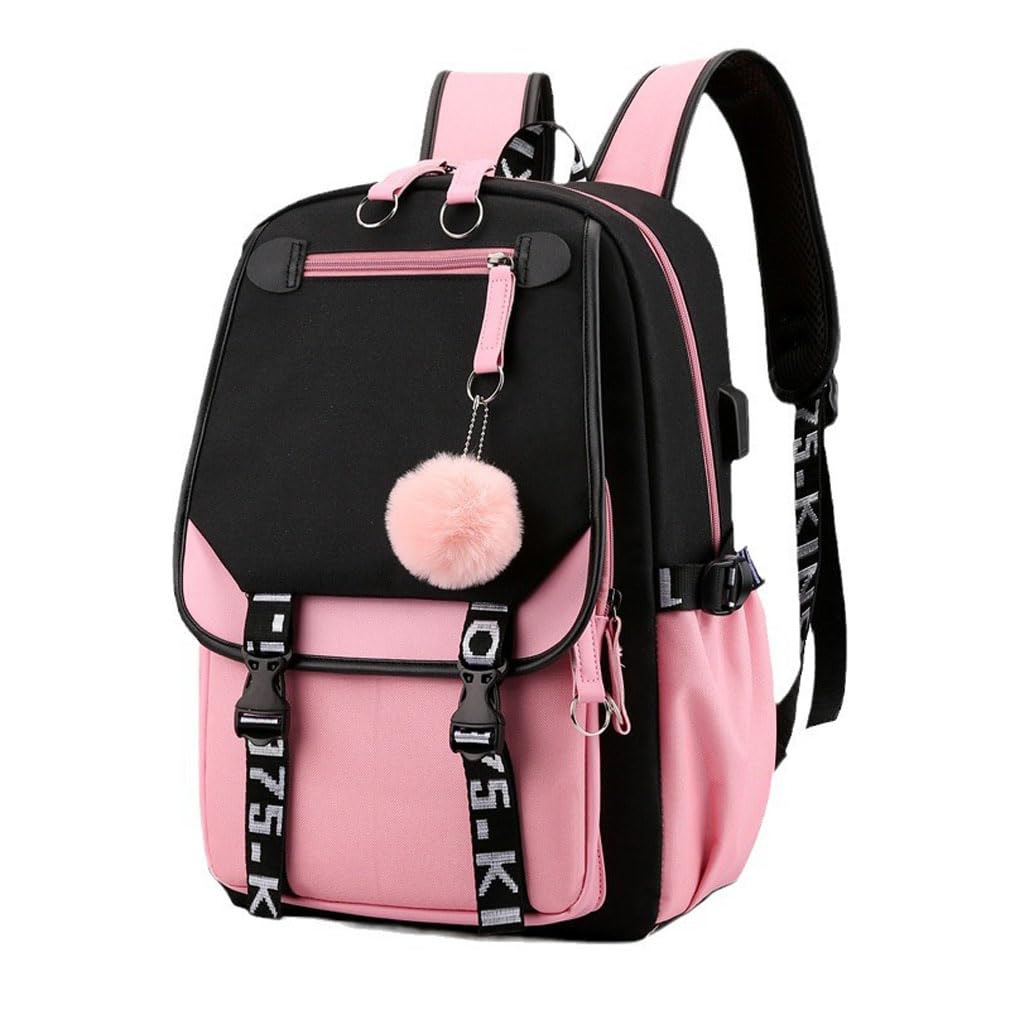 Stylish Pink & Black Laptop Backpack for Middle School Girls - USB Charging Port & Headphone Jack - Durable School Bookbag for Teens - Perfect for School, Travel & Daily Commute