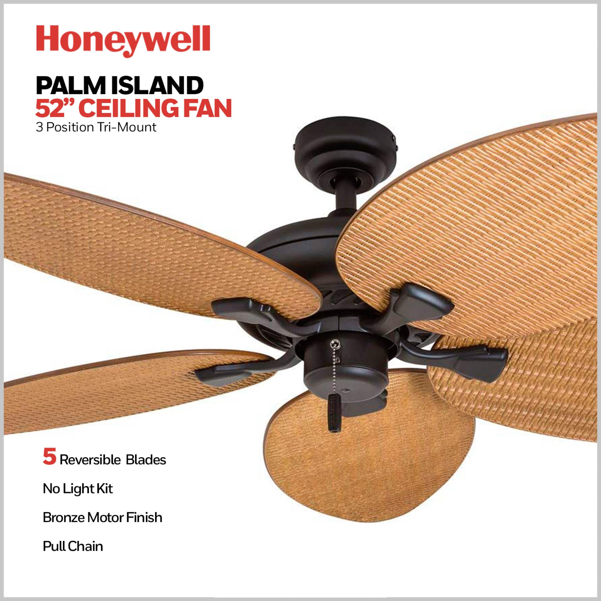 Honeywell 52 Inch Tropical Ceiling Fan for Indoor & Outdoor Use - No Light, Pull Chain, 3 Mounting Options, 5 Palm Leaf Blades, Damp-Rated (Model 50505-01, Bronze) - Perfect for Patio, Porch, Living Room & Bedroom Cooling
