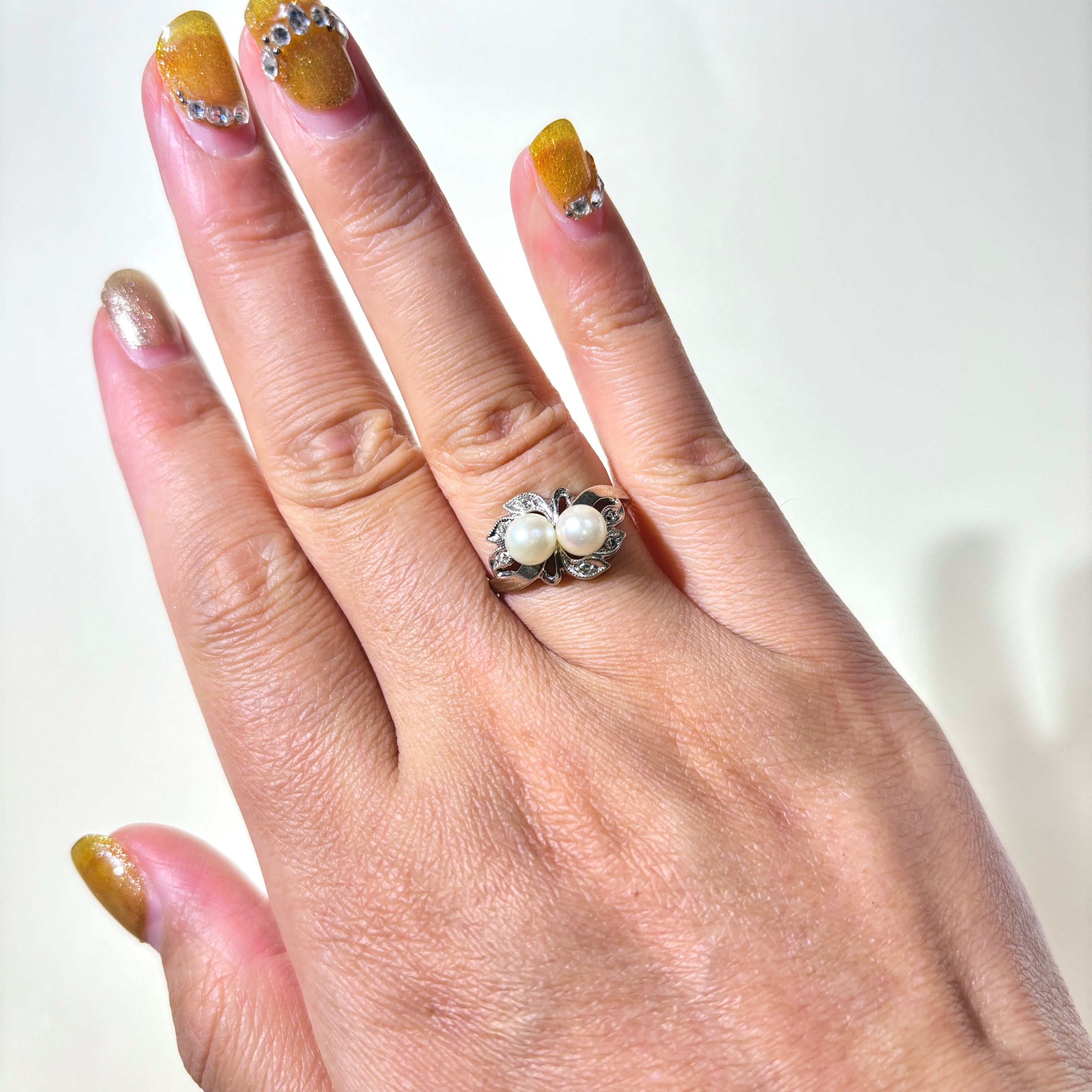 Elegant Pearl & Diamond Leaf Design Ring - 5.30mm, 0.03ctw, Size 7 | Perfect for Weddings, Anniversaries & Special Occasions