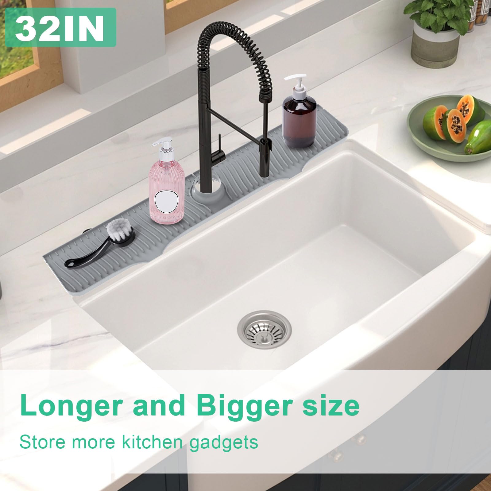 32 Inch Stainless Steel Sink Splash Guard - Non-Slip Kitchen Sink Drying Mat & Countertop Faucet Drip Catcher Tray with Sponge Holder (Gray) - Perfect for Dish Drying, Counter Protection & Kitchen Organization