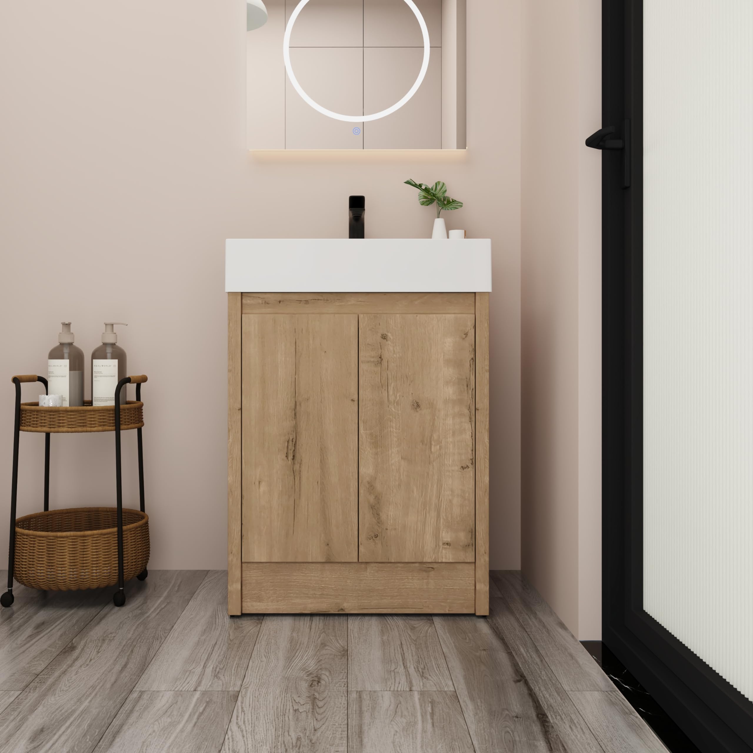 24 Inch Modern Freestanding Bathroom Vanity with Sink Combo, Soft Close Doors & Adjustable Shelf - Floor-Mounted Storage Cabinet with Top Basin in Brown | Perfect for Small Bathrooms, Powder Rooms & Home Renovations