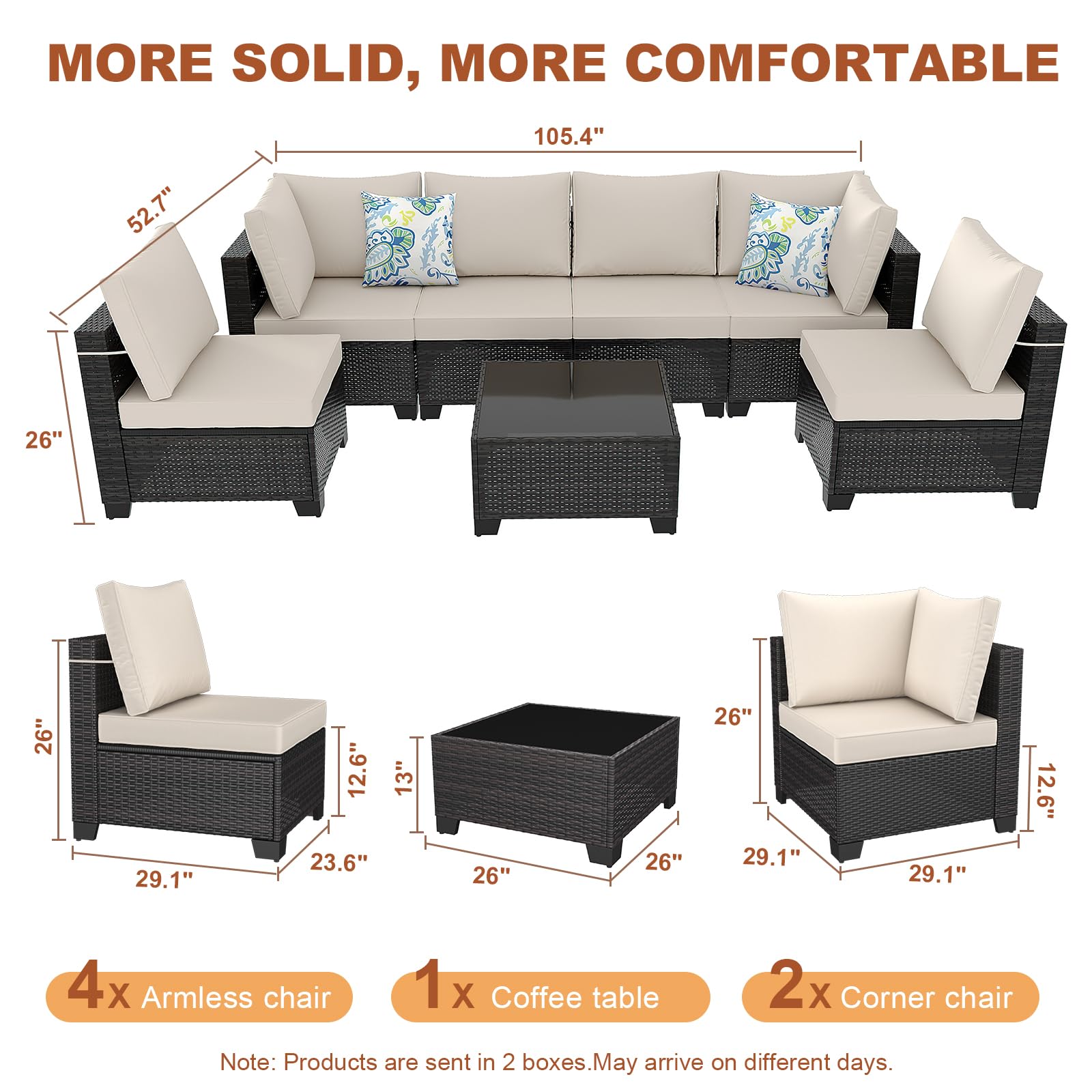 7-Piece Outdoor Wicker Sectional Sofa Set with Cushions - Patio Conversation Furniture for Garden, Backyard & Poolside - Brown/Beige Rattan Sofa for Relaxing & Entertaining