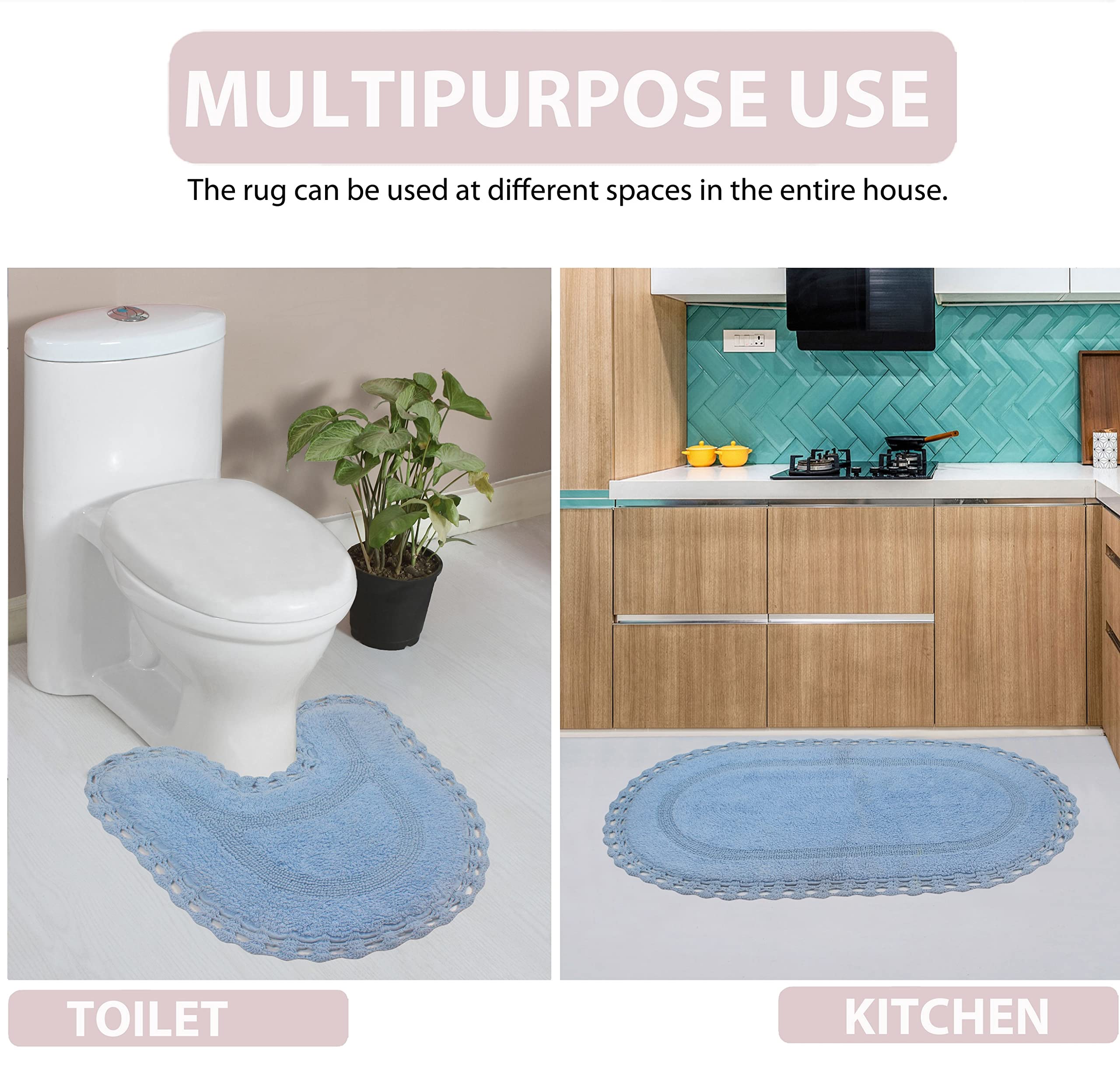 Home Weavers Hampton Crochet Reversible Bath Mat Set - 100% Cotton Washable Bathroom Rug, Ultra Soft & Absorbent Non-Slip Kitchen Mat, 21x34 Inch Rectangle Blue - Perfect for Bathrooms, Showers & Kitchen Floors